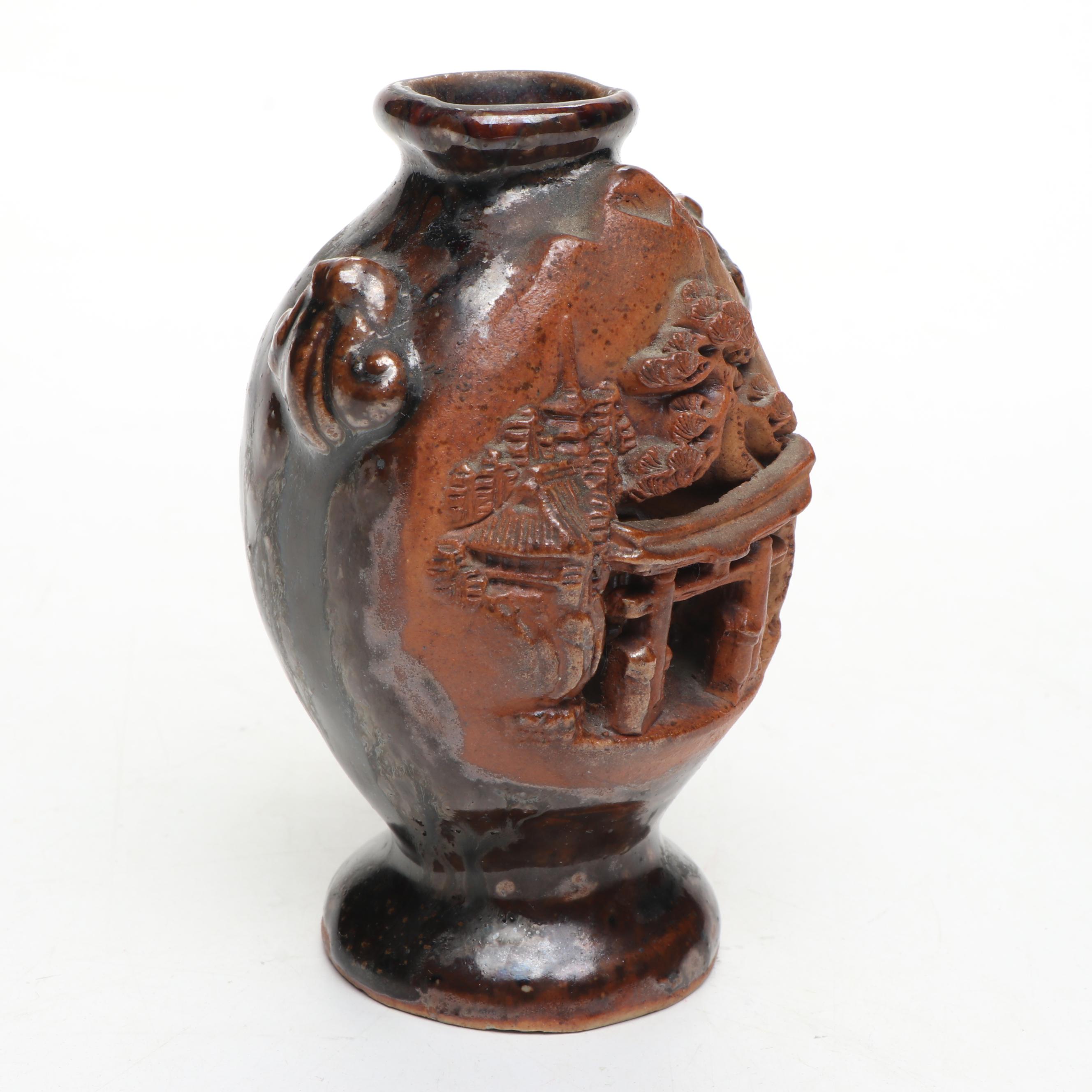 Carved Soapstone Horse with Japanese Banko Ware Carved Ceramic Bud Vase