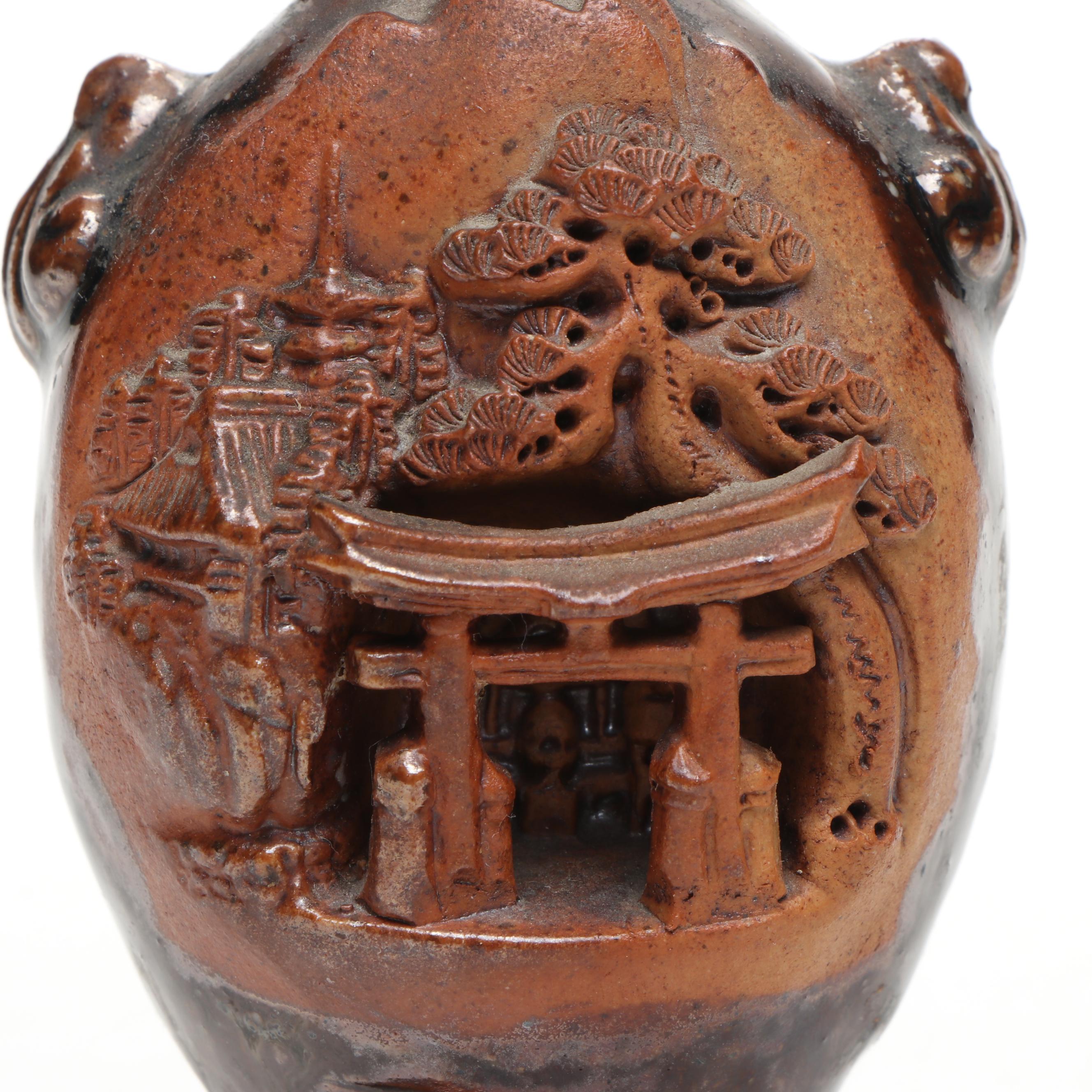 Carved Soapstone Horse with Japanese Banko Ware Carved Ceramic Bud Vase