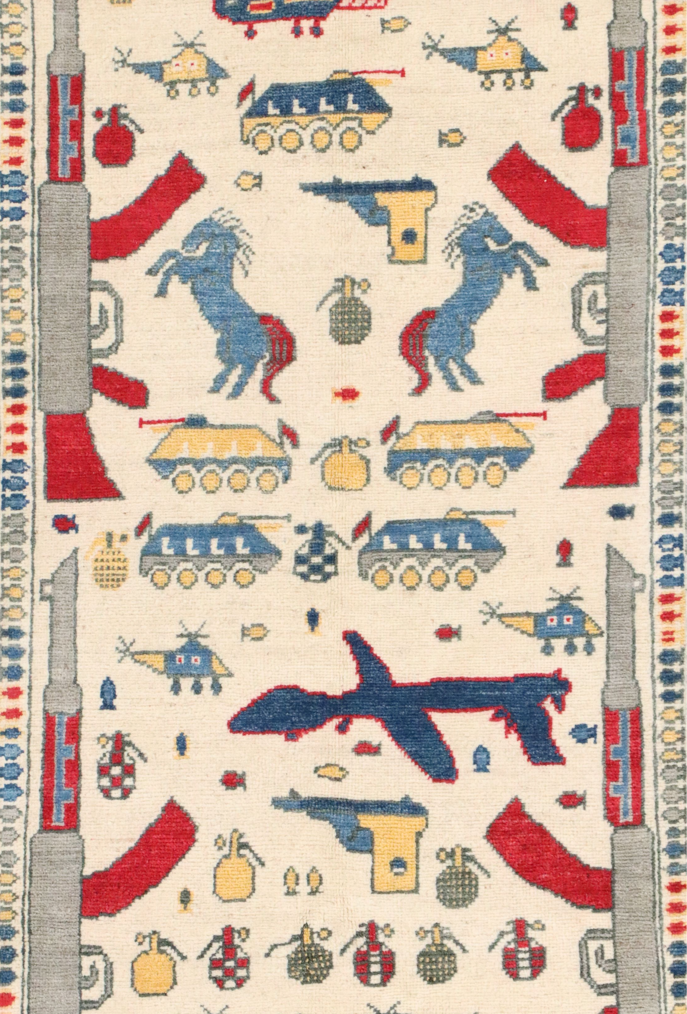 2'7 x 9'9 Hand-Knotted Afghan Pictorial War Carpet Runner