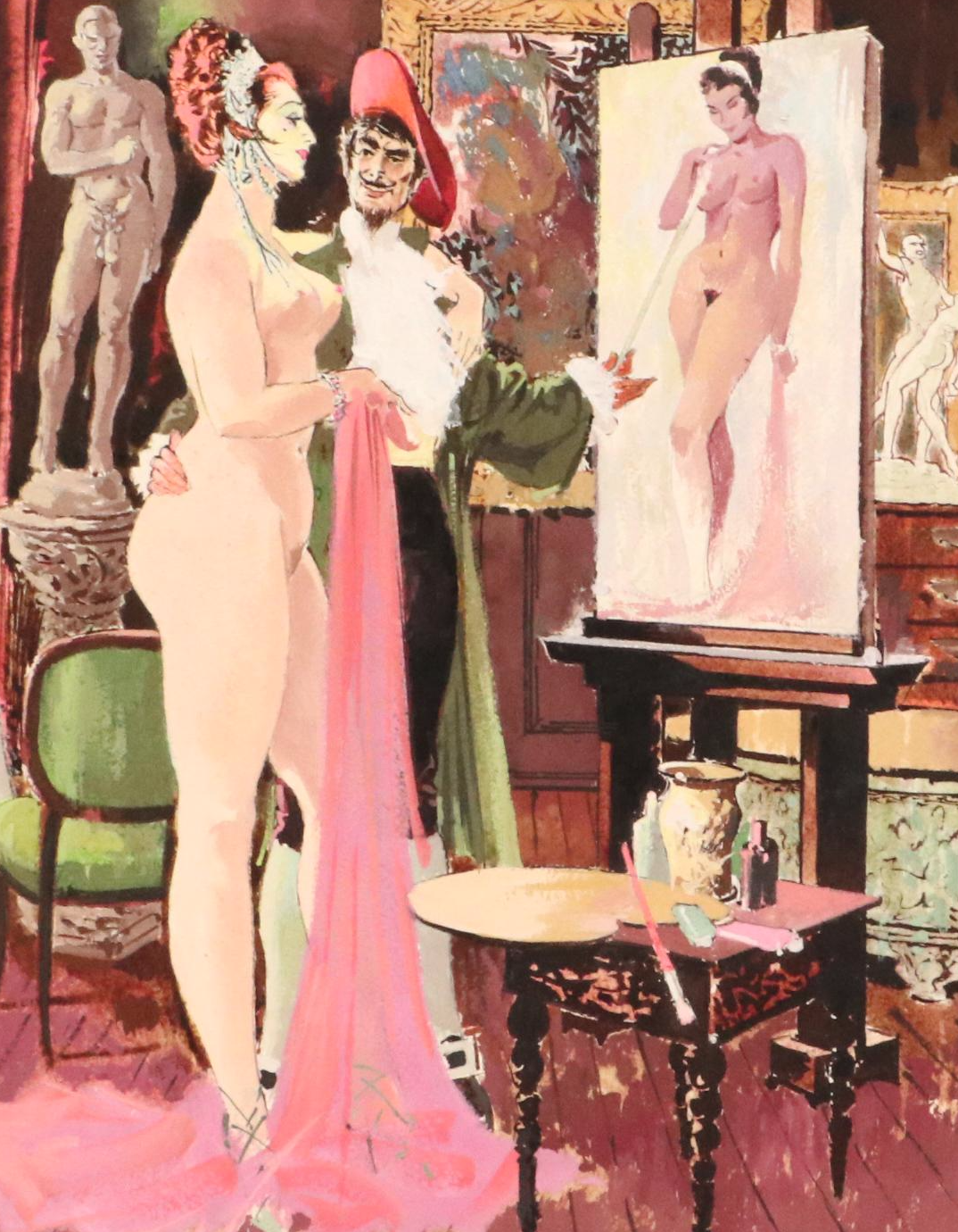 Watercolor Painting of Model Assessing Artist's Work, Late 20th Century