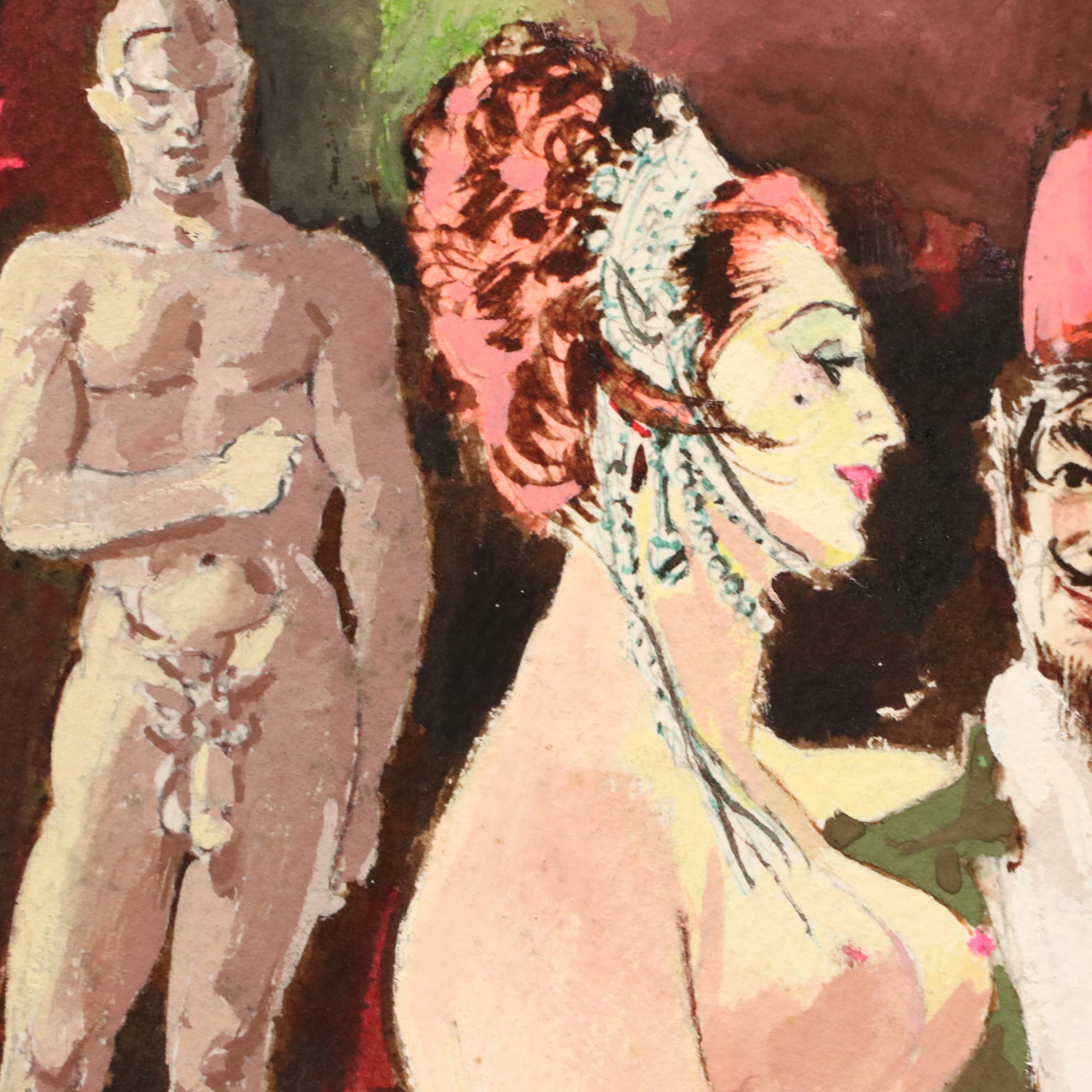 Watercolor Painting of Model Assessing Artist's Work, Late 20th Century