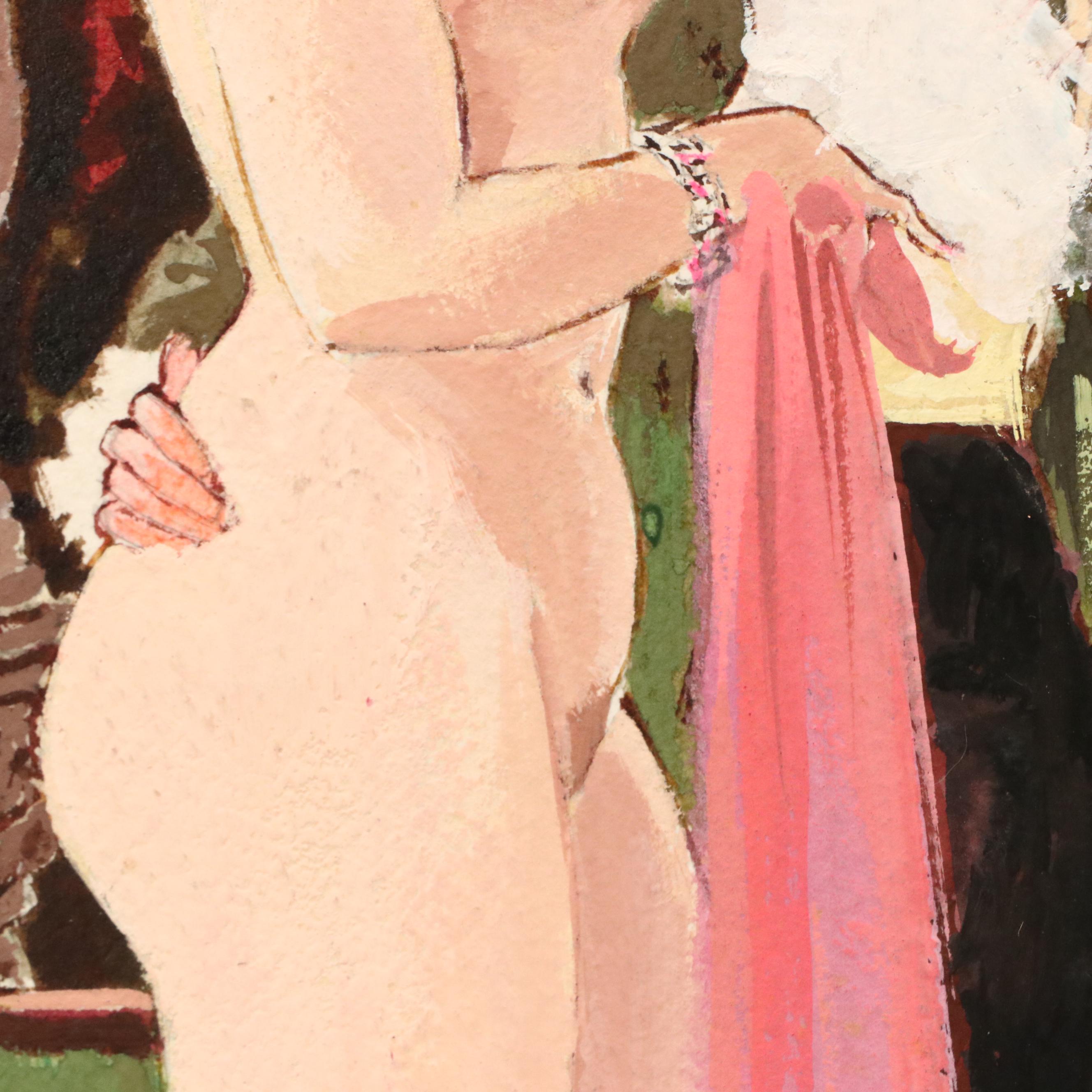 Watercolor Painting of Model Assessing Artist's Work, Late 20th Century