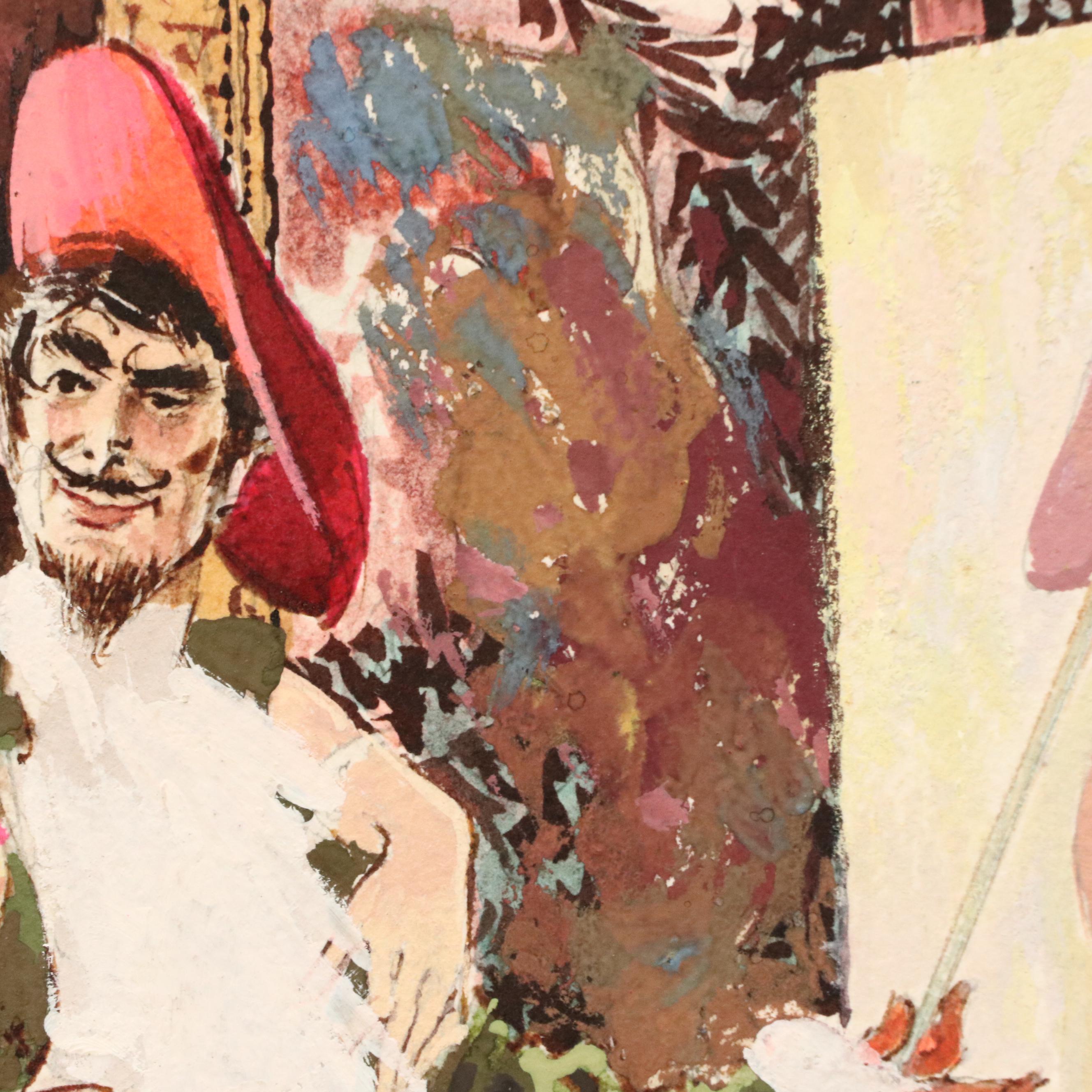 Watercolor Painting of Model Assessing Artist's Work, Late 20th Century