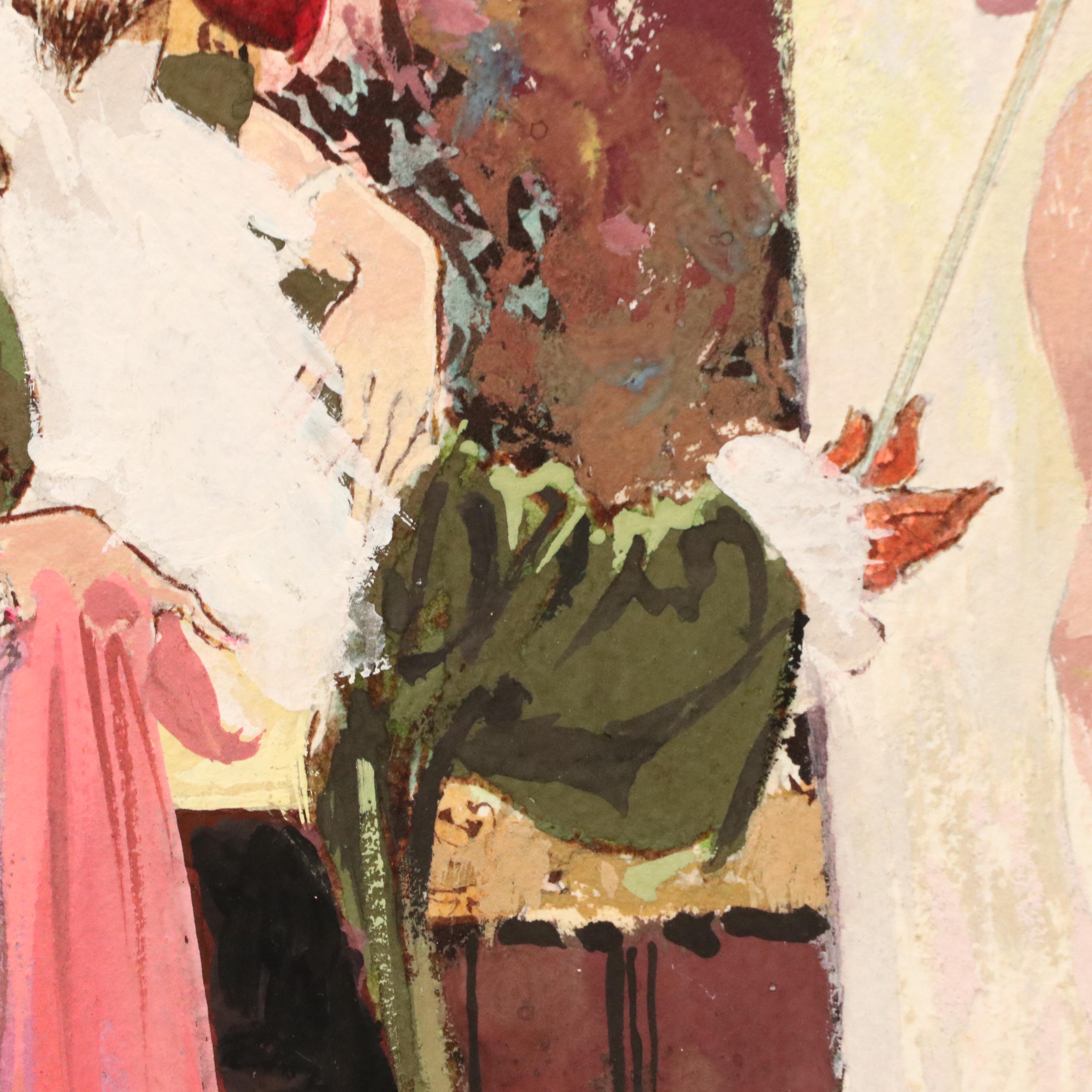 Watercolor Painting of Model Assessing Artist's Work, Late 20th Century