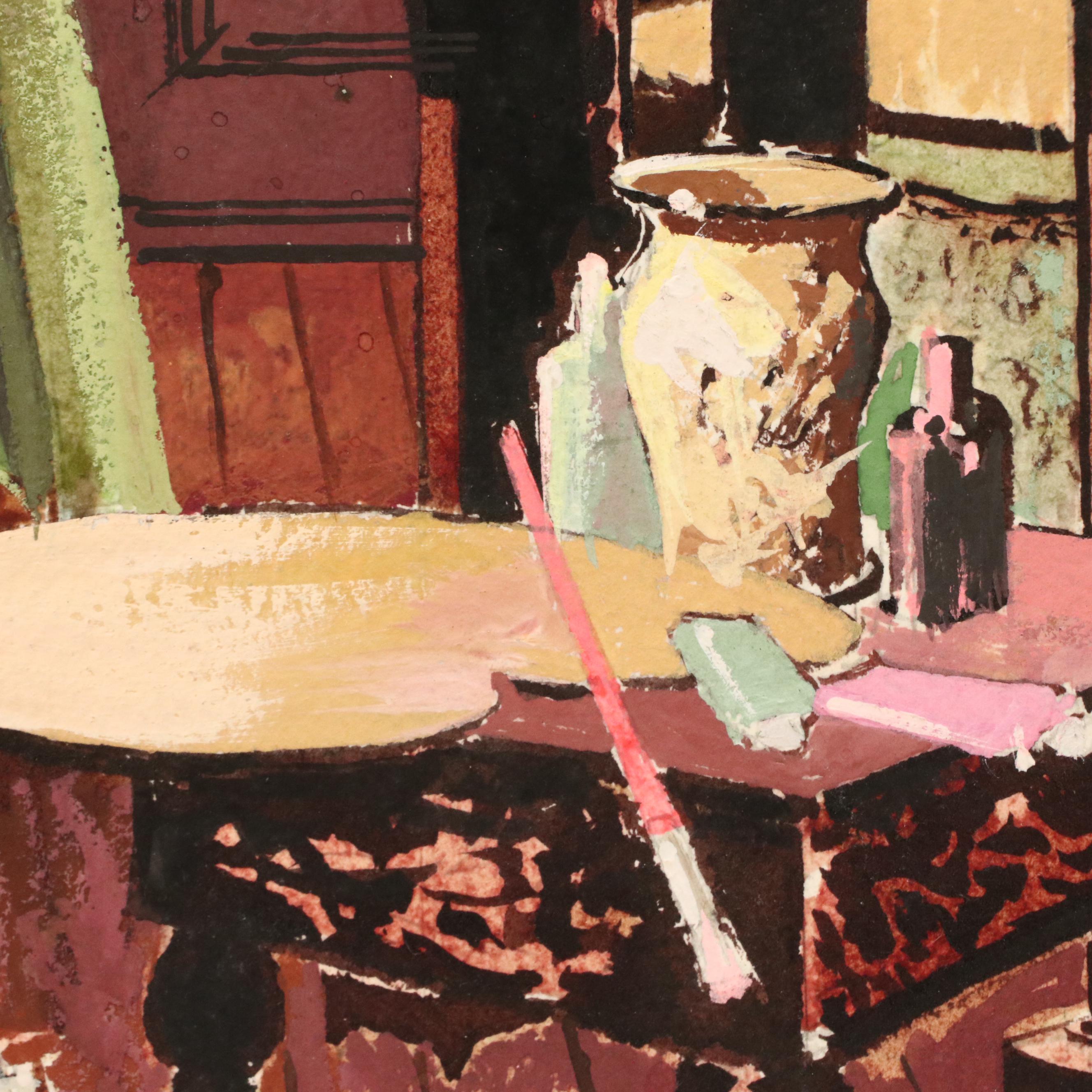 Watercolor Painting of Model Assessing Artist's Work, Late 20th Century