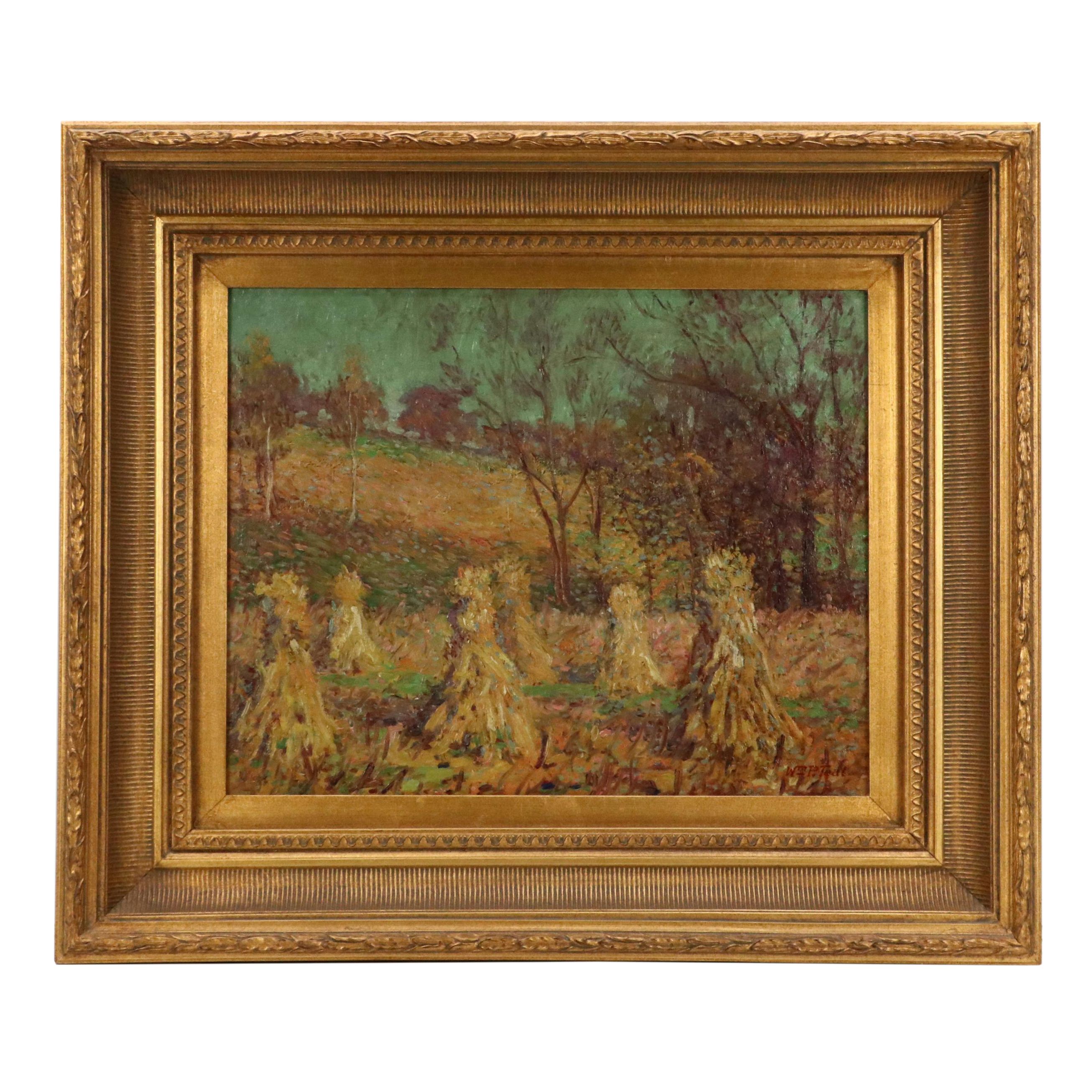 William P. Teal Impressionist Haystack Landscape Oil Painting, Early 20th C.