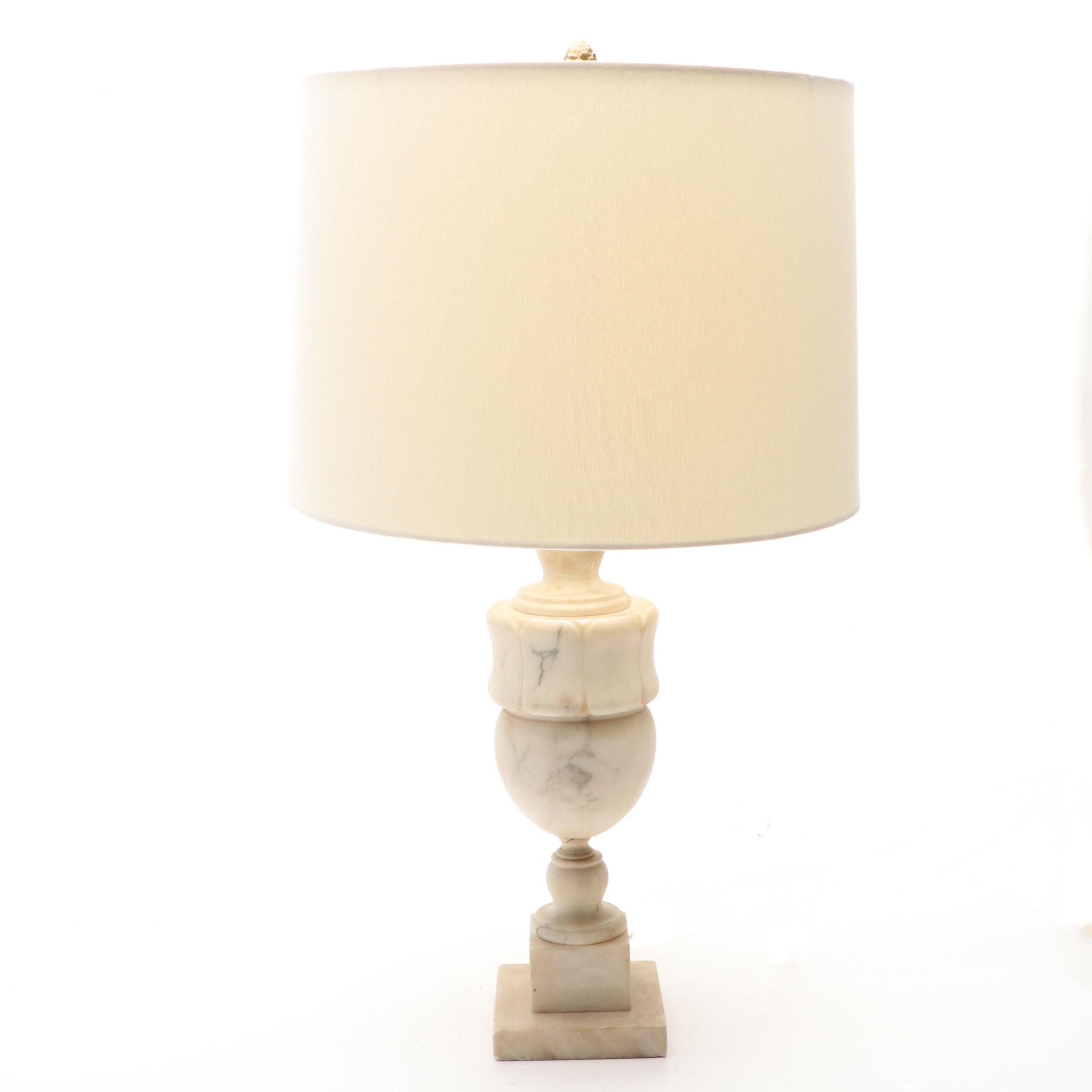 Carved Alabaster Table Lamp with Cotton Drum Shade