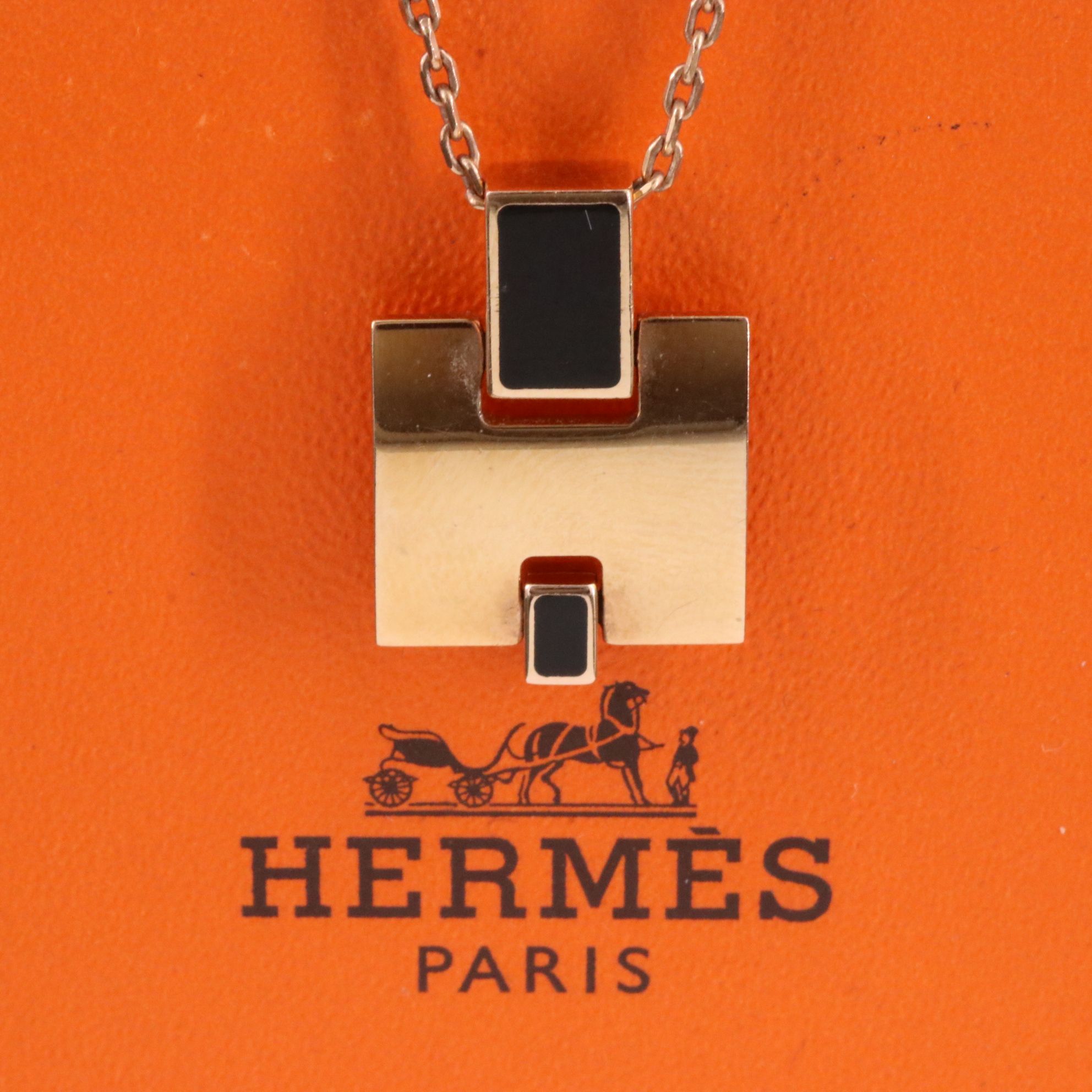 Hermès H Black Enamel Necklace in Rose Tone