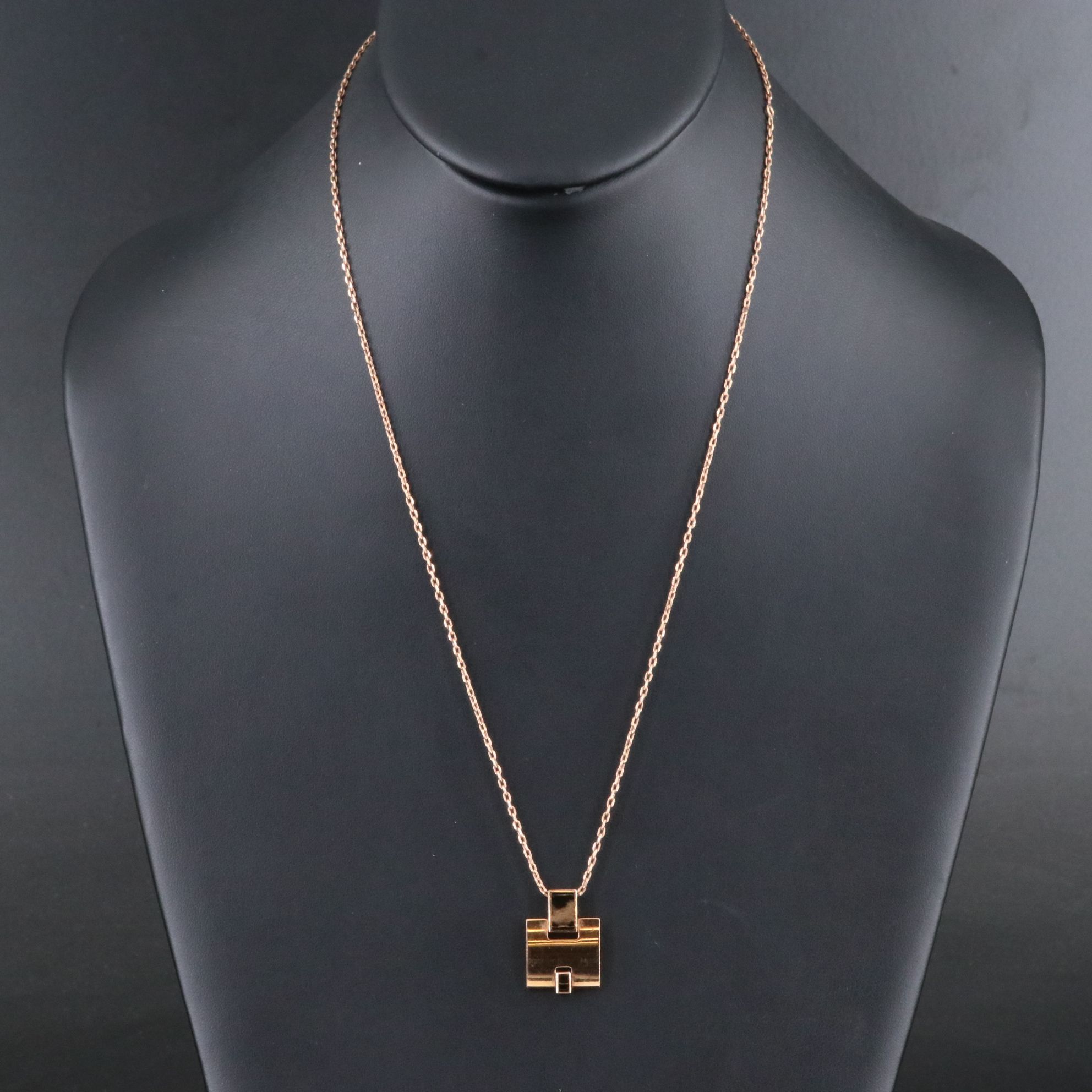 Hermès H Black Enamel Necklace in Rose Tone