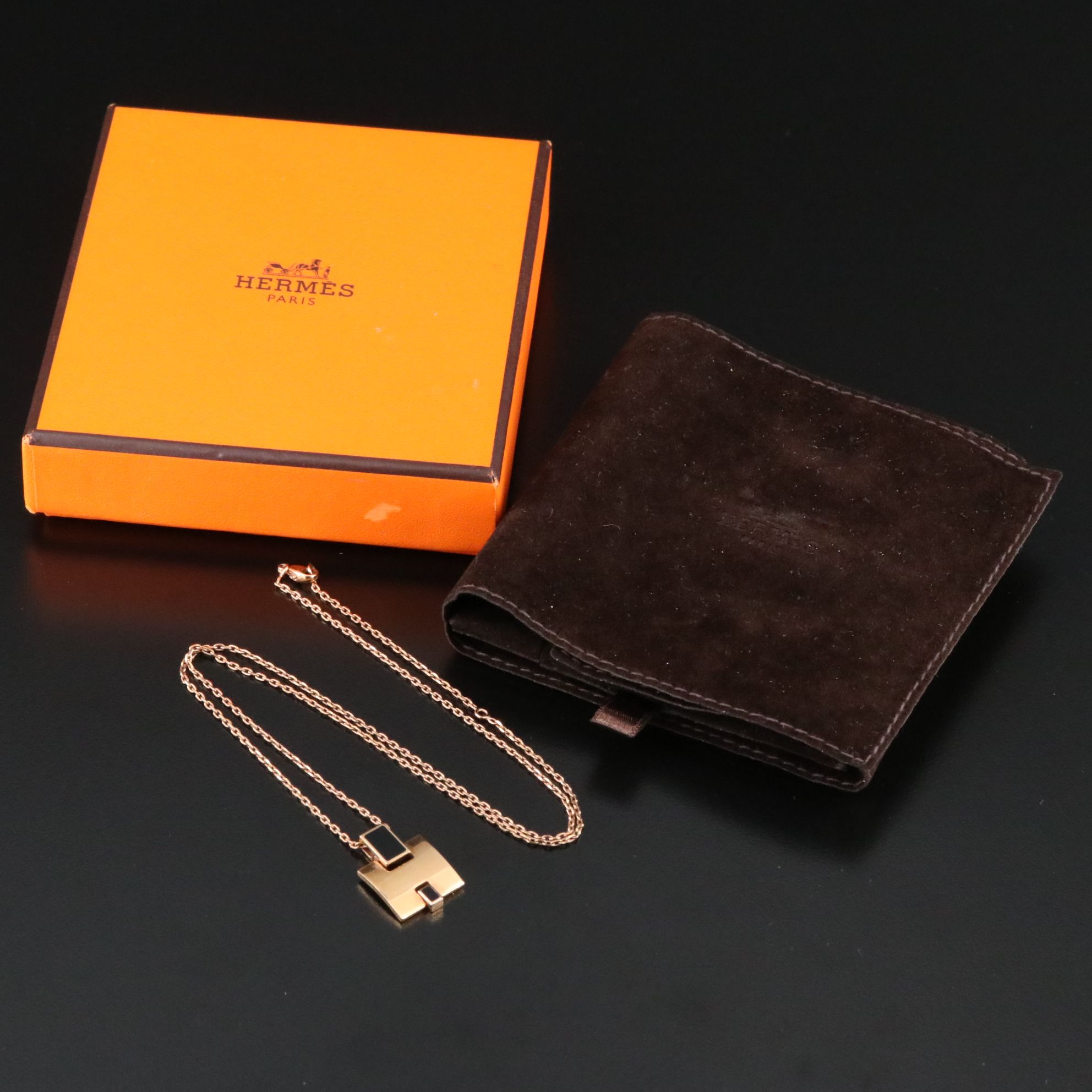 Hermès H Black Enamel Necklace in Rose Tone