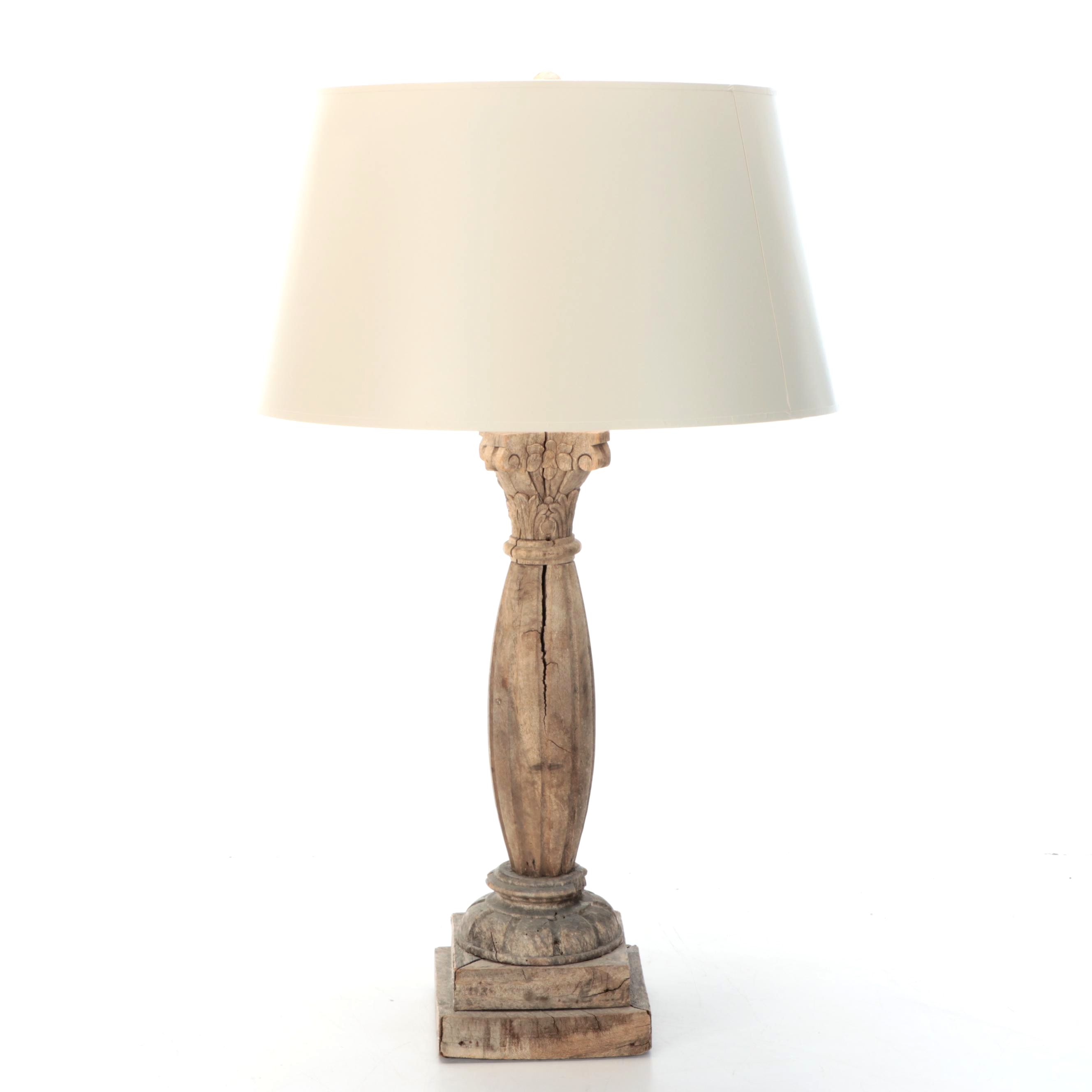 Architectural Salvage Wood Pillar Table Lamp with Drum Shade