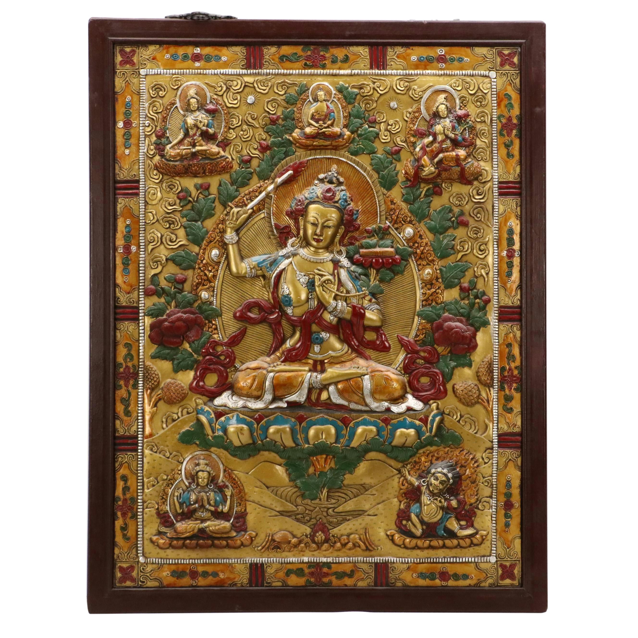 Tibetan Buddhist Hand-Painted Cast Metal Relief Thangka Panels of Deities