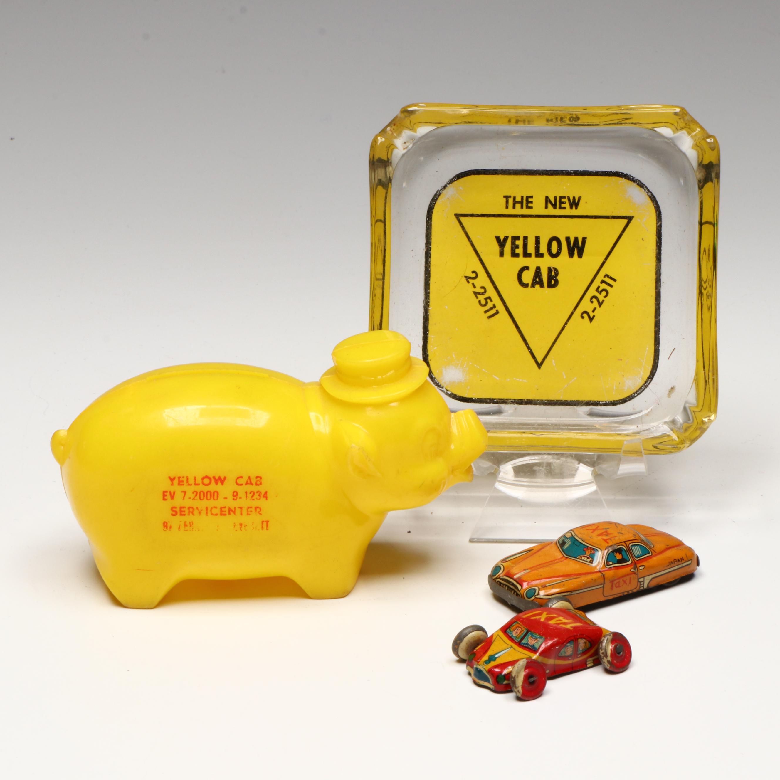 Yellow Cab Glass Ashtray with Plastic Piggy Bank and Diecast Toy Cars