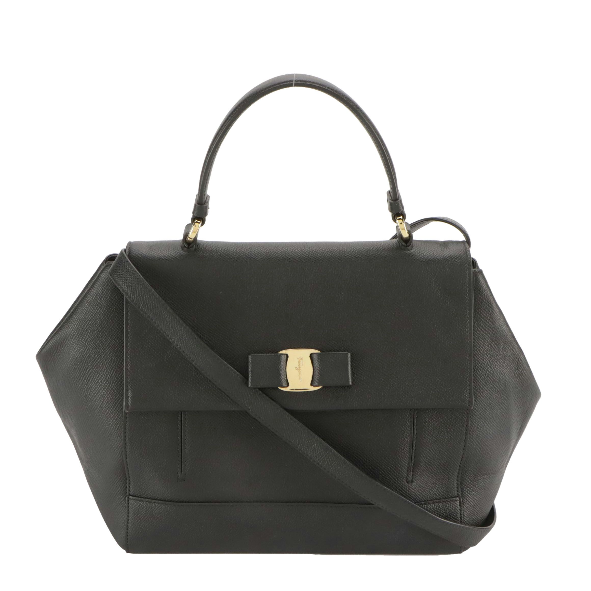Salvatore Ferragamo Carrie Vara Bow Two-Way Bag in Black Grain Textured Leather