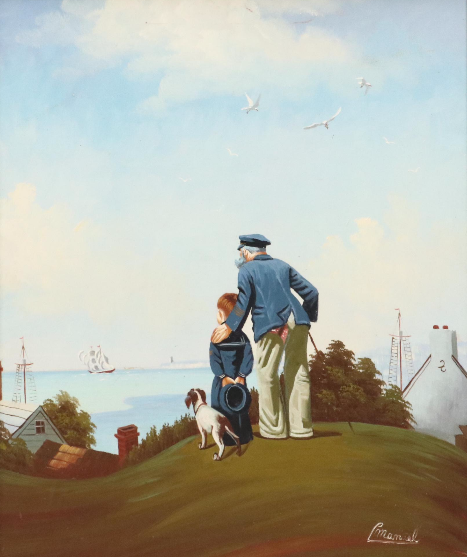 Oil Painting of Nautical Figurative Scene, Mid-20th Century