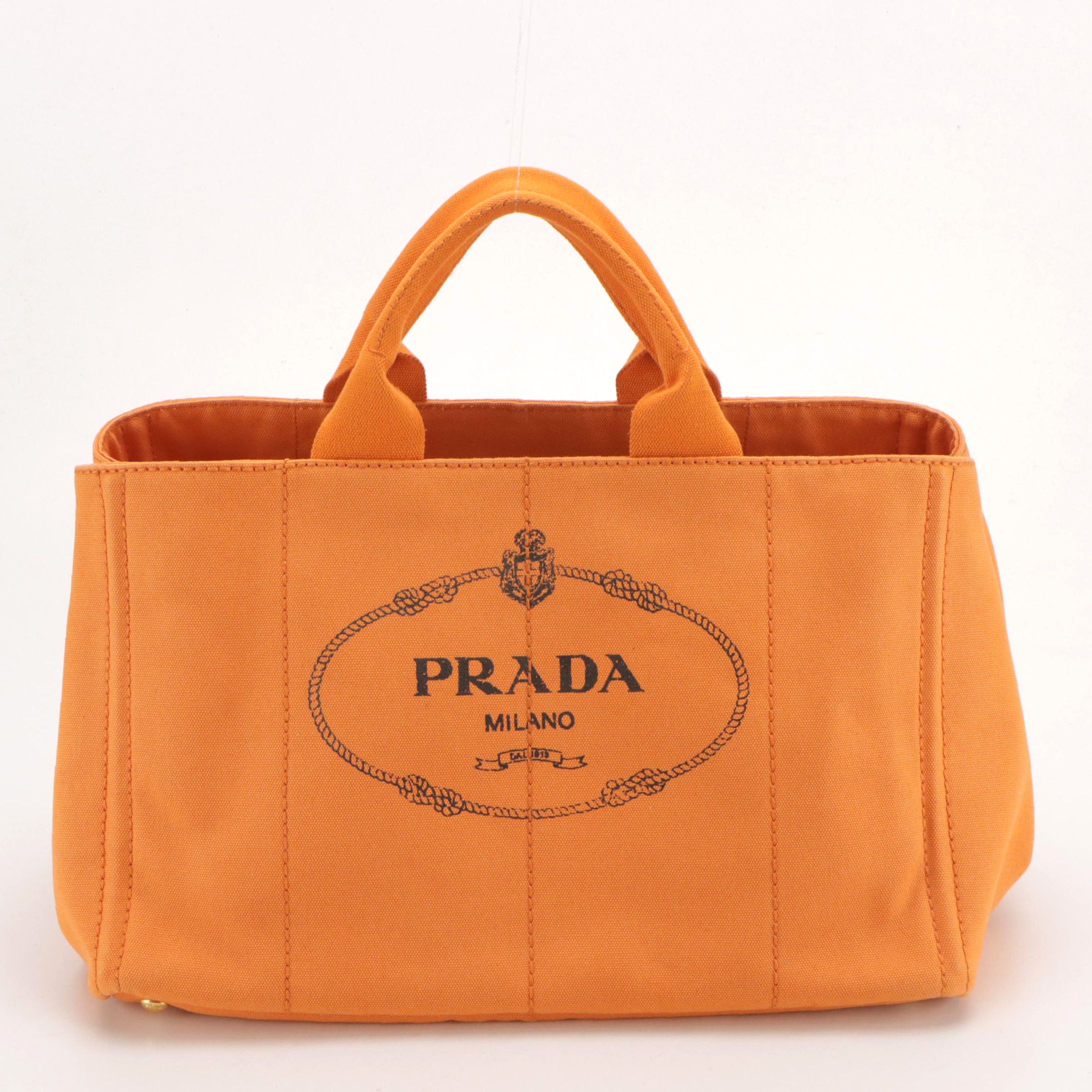 Prada Logo Large Tote B1872G in Papaya Canapa Canvas