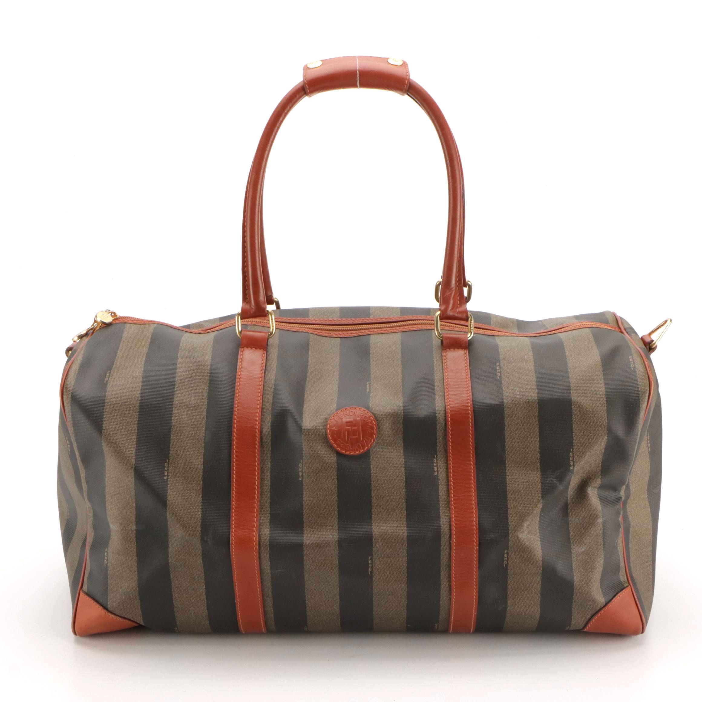 Fendi Pequin Striped Canvas and Brown Leather Trimmed Travel Bag
