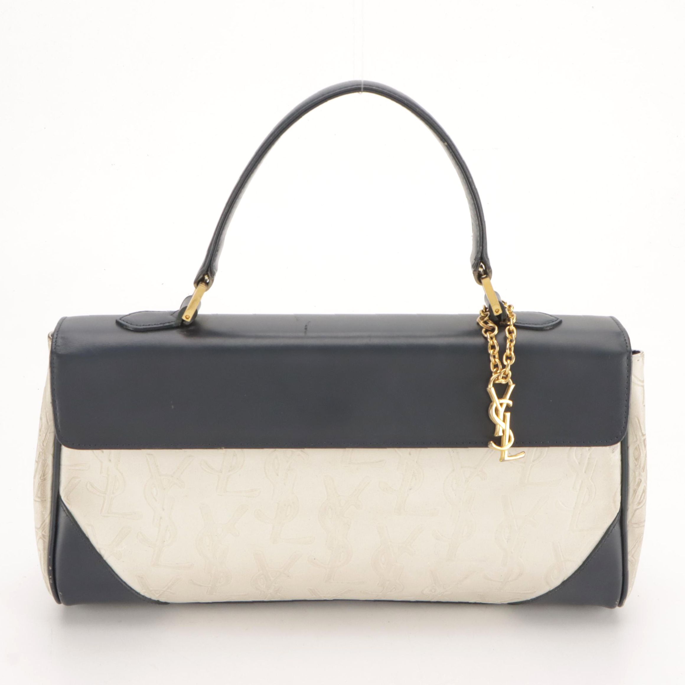 Yves Saint Laurent YSL Embossed Leather Top Handle Bag with YSL Chain-Link Charm