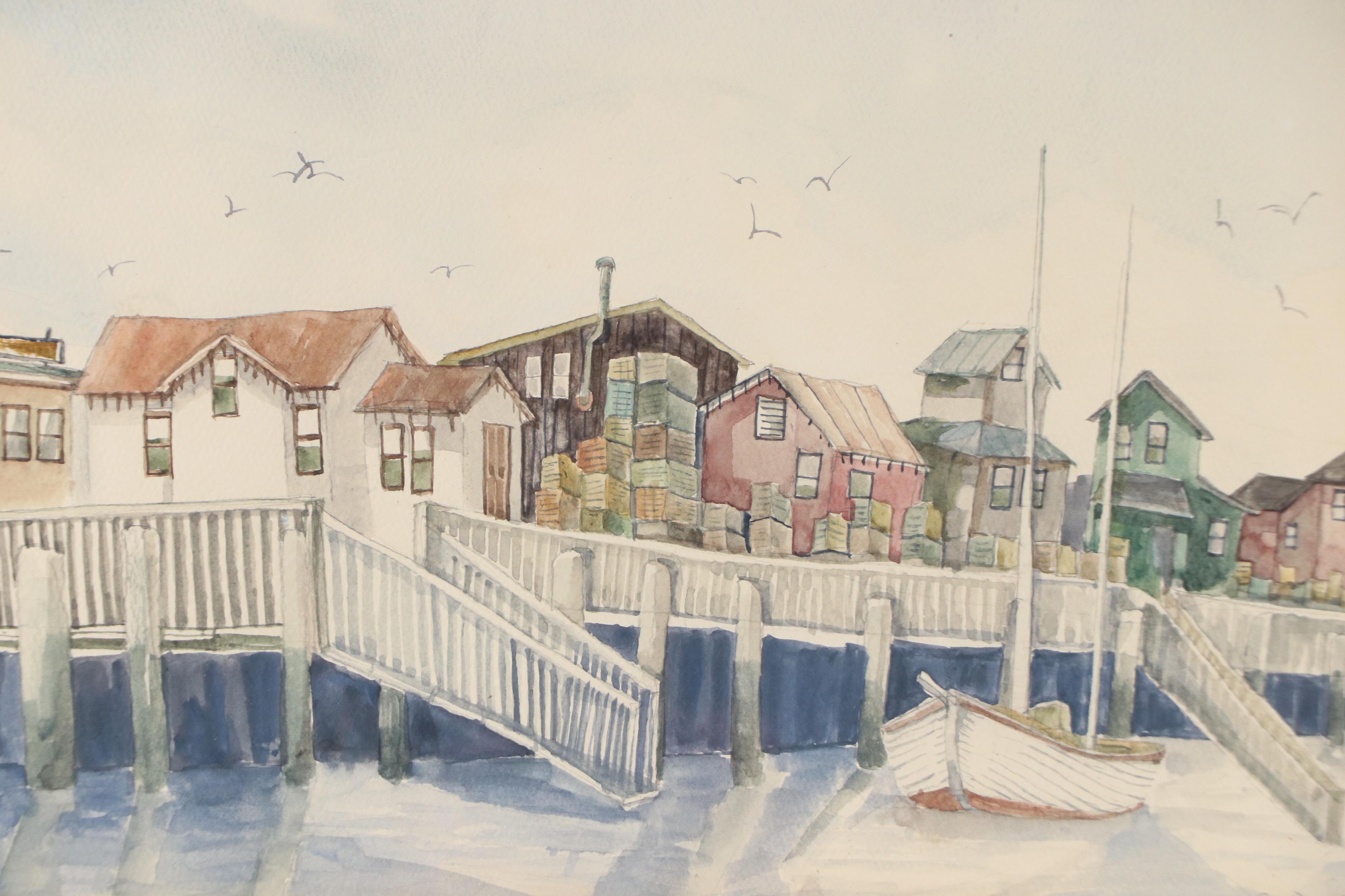 Sue Dufour Watercolor Painting Quaint Harbor Scene, 1978