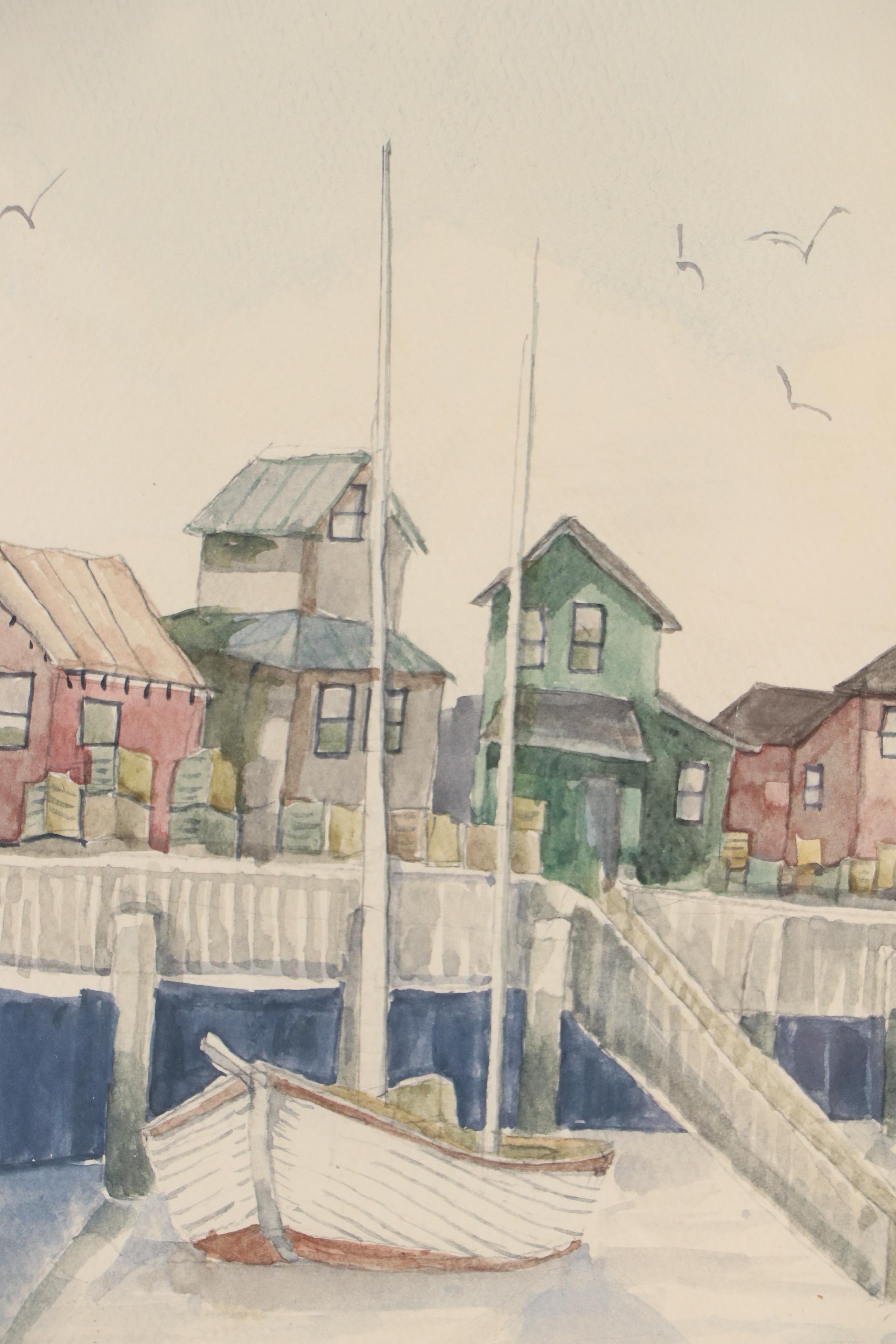 Sue Dufour Watercolor Painting Quaint Harbor Scene, 1978