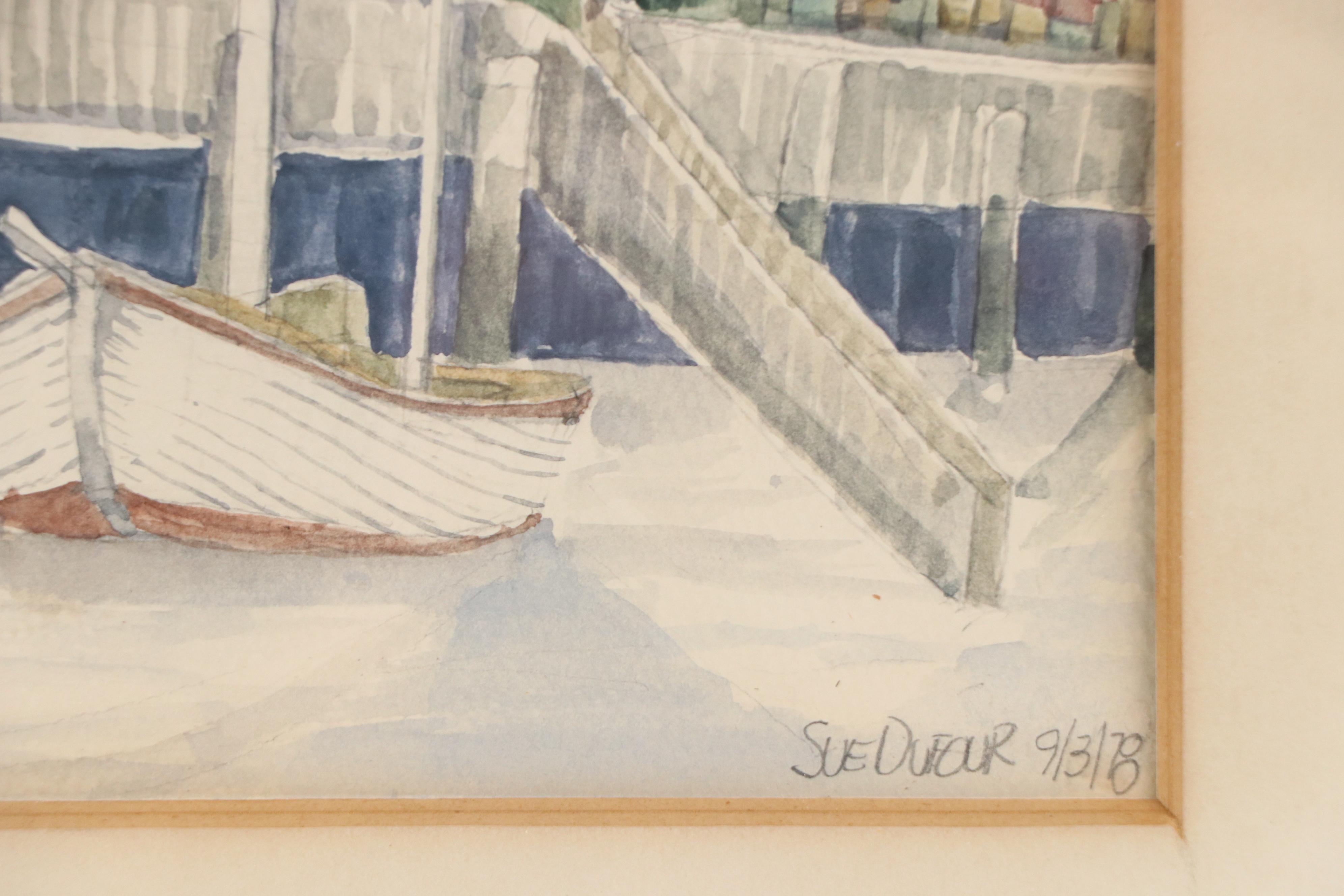 Sue Dufour Watercolor Painting Quaint Harbor Scene, 1978