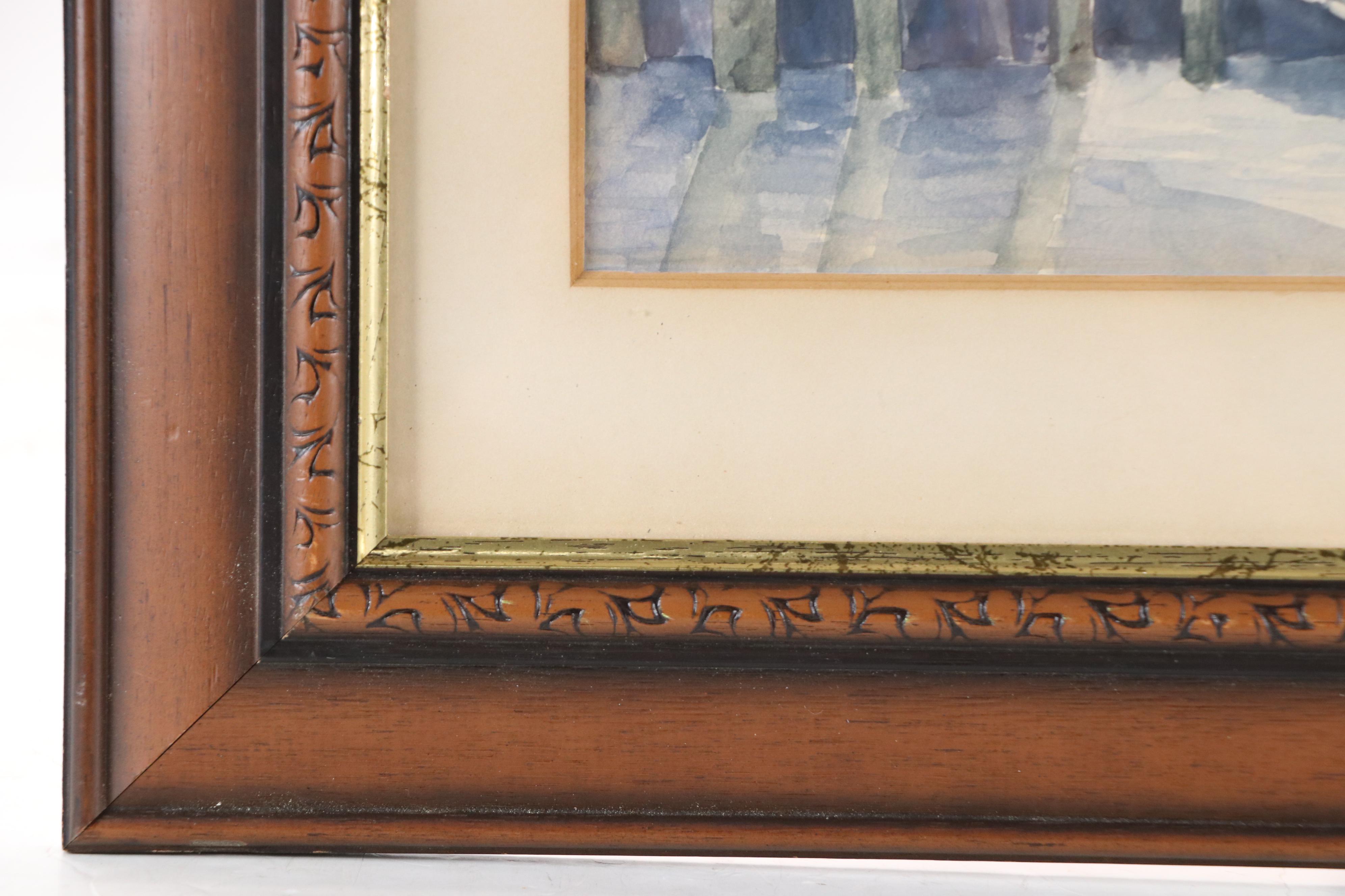 Sue Dufour Watercolor Painting Quaint Harbor Scene, 1978