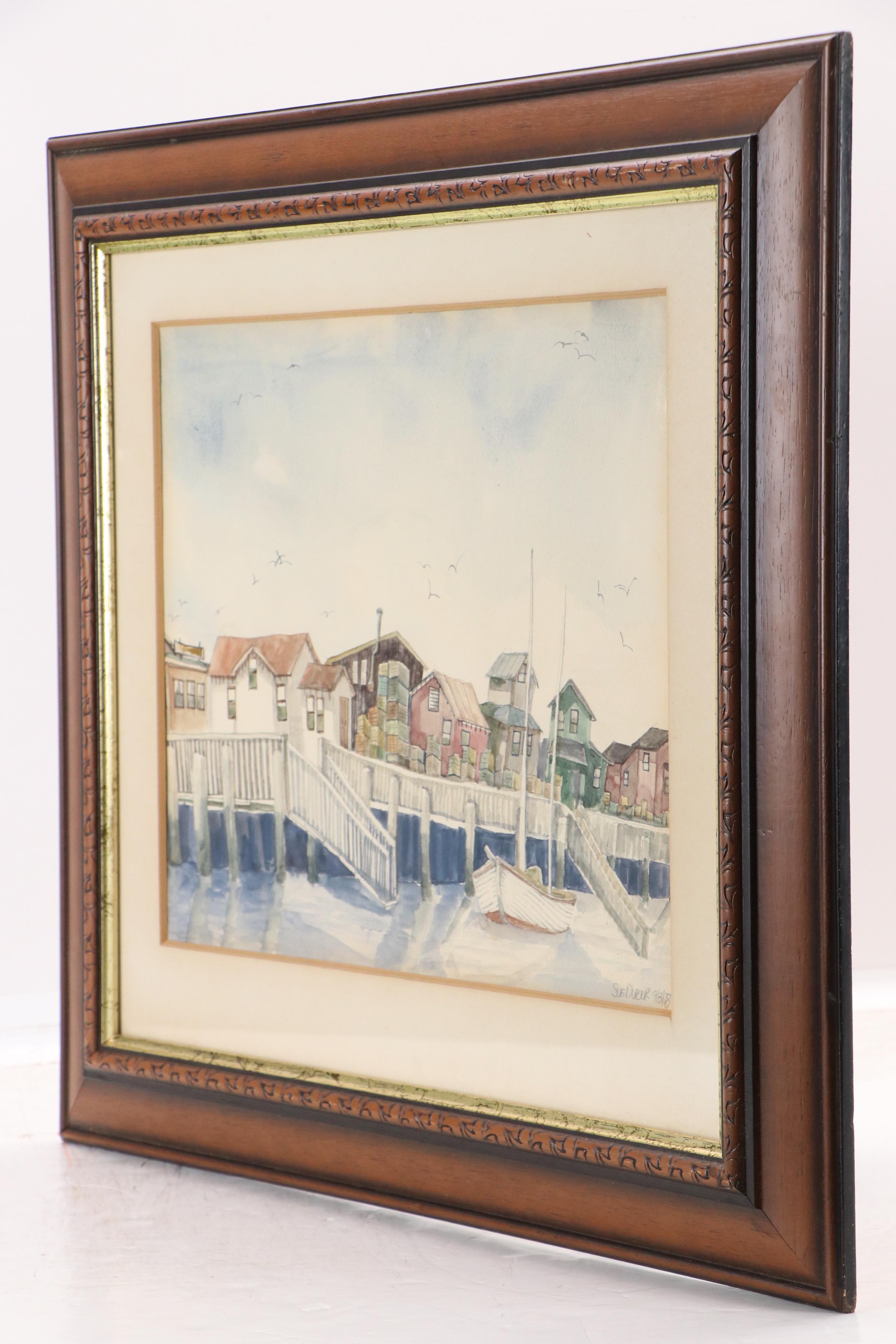 Sue Dufour Watercolor Painting Quaint Harbor Scene, 1978