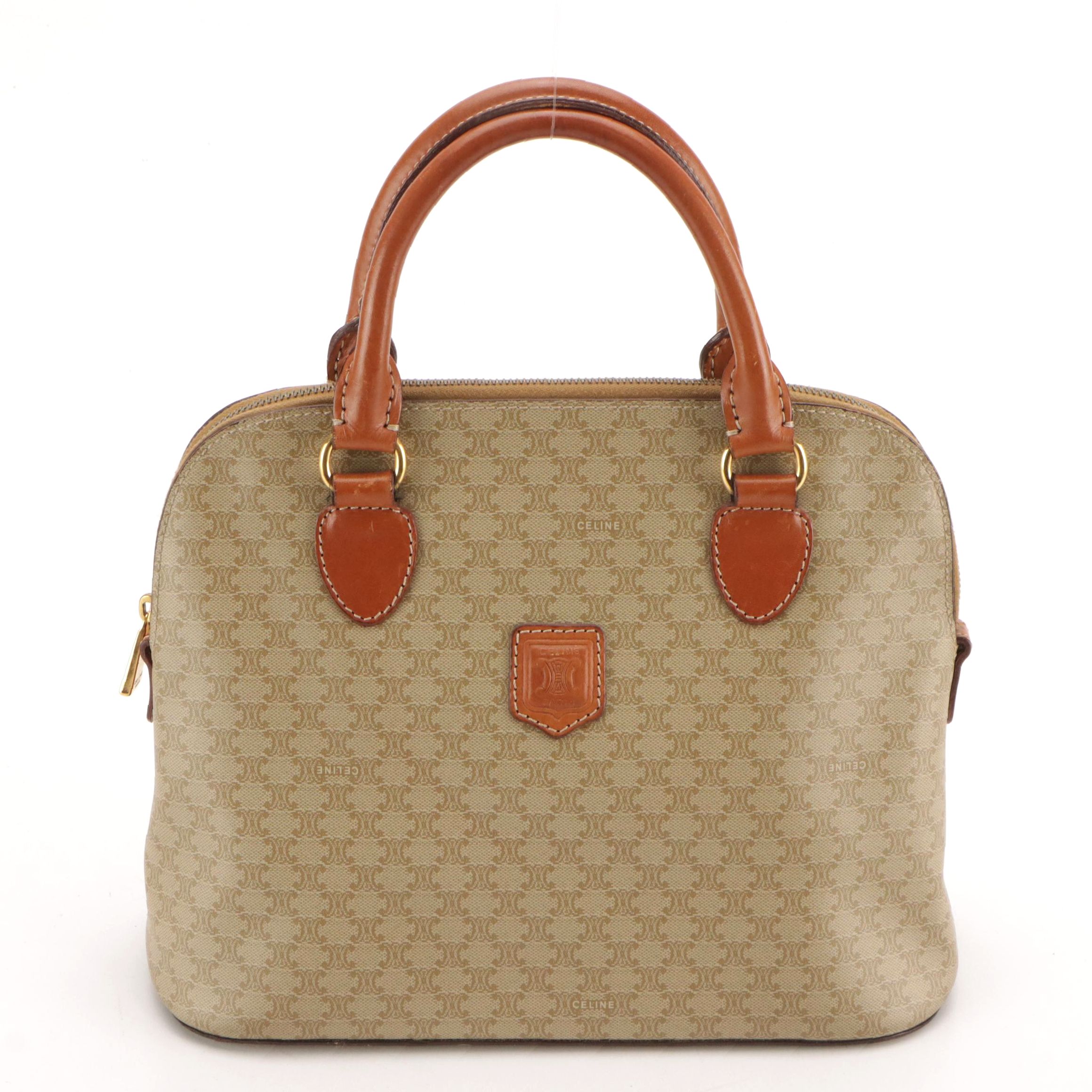 Celine Dome Handbag in Beige Triomphe Macadam Canvas and Brown Leather Trim