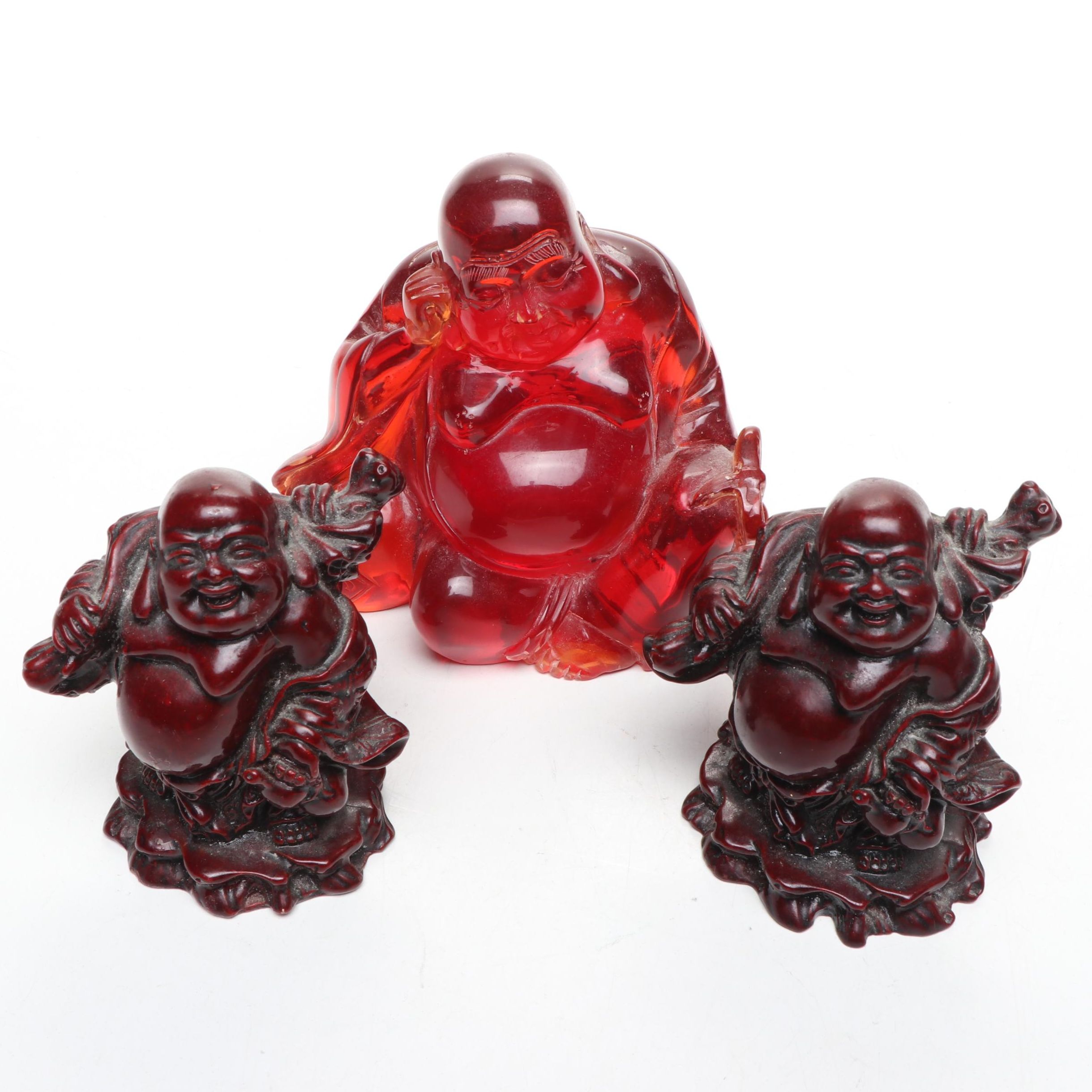 Carved Wood and Resin Budai Figurines