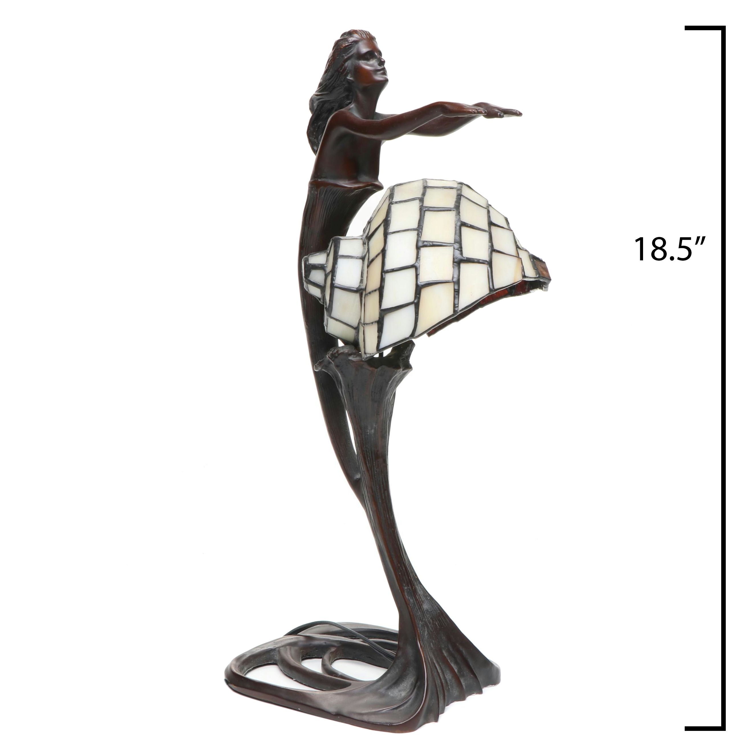 Mermaid Bronzed Metal Lamp & Slag Glass Shell Shade After Gustav Gurschner