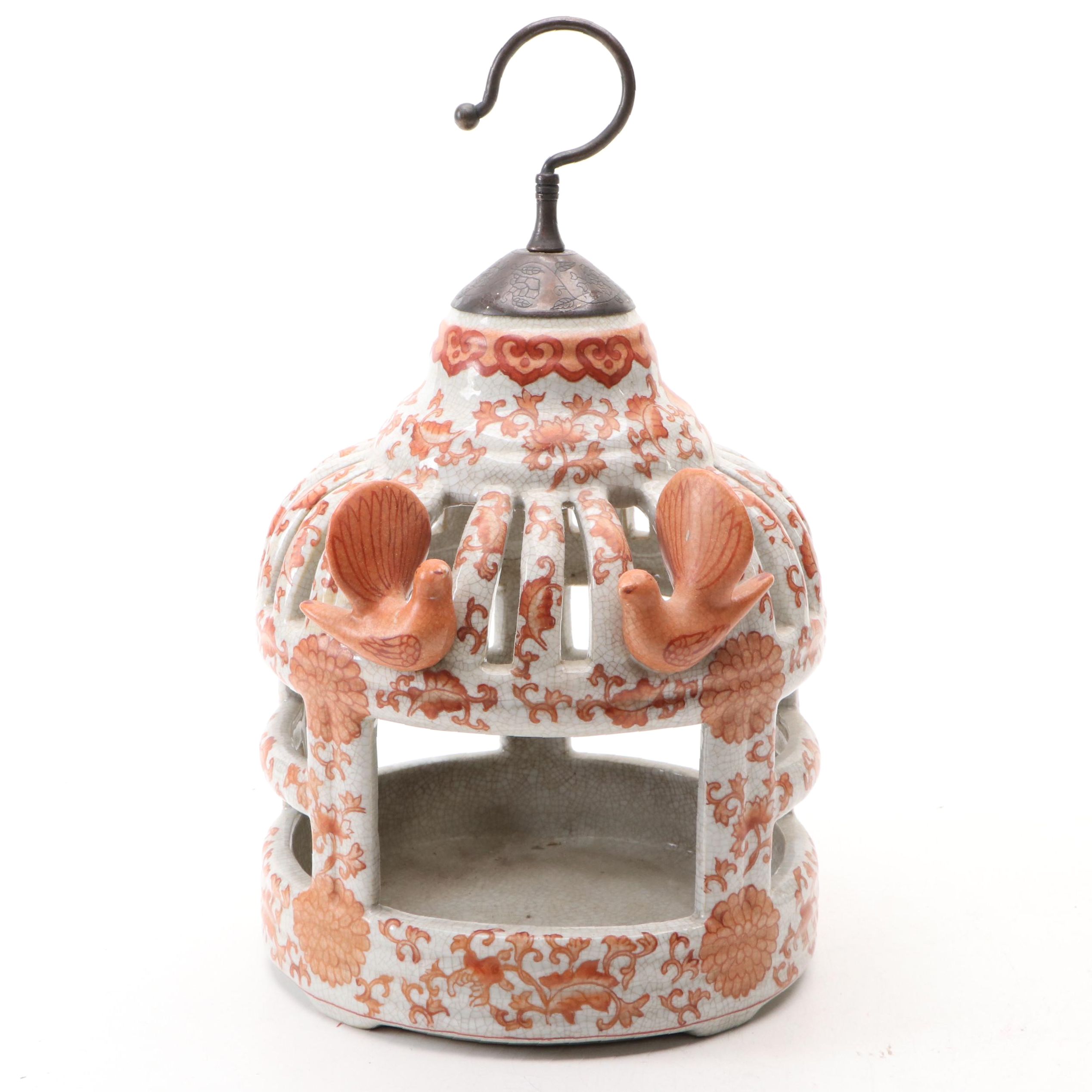 Chinese Hand-Painted Ceramic Hanging Lantern with Bird Accents, 2008
