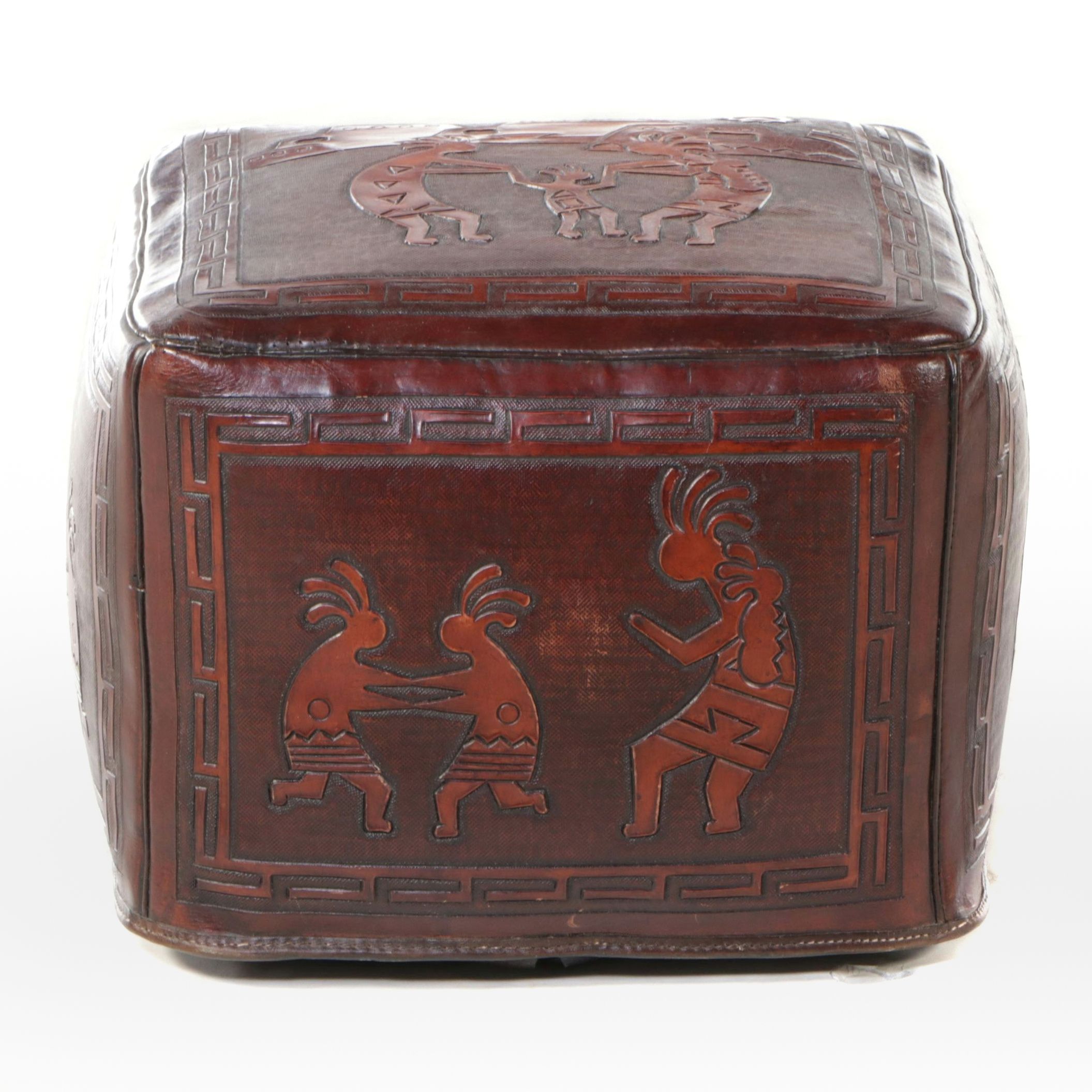 Southwestern Style Carved and Chiseled Leather Kokopelli Scenes Pouf