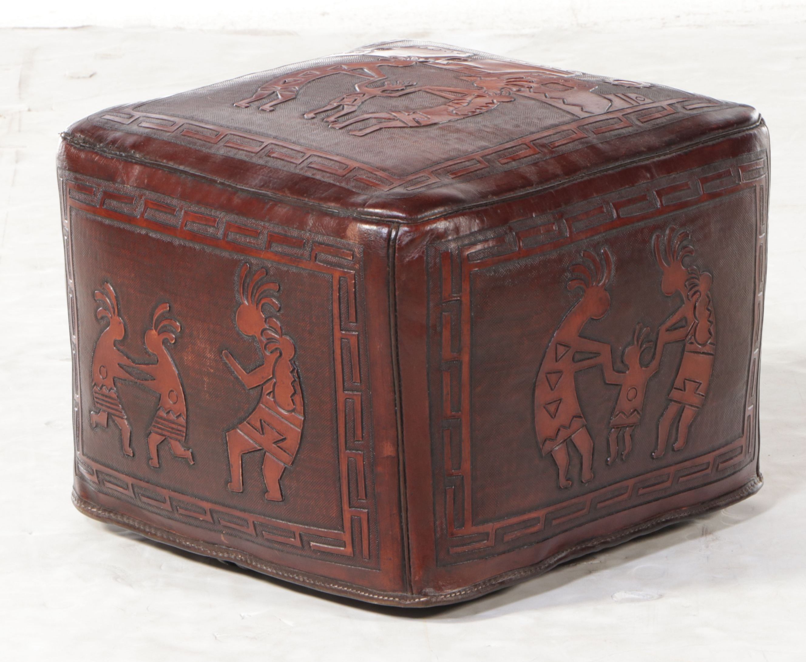 Southwestern Style Carved and Chiseled Leather Kokopelli Scenes Pouf