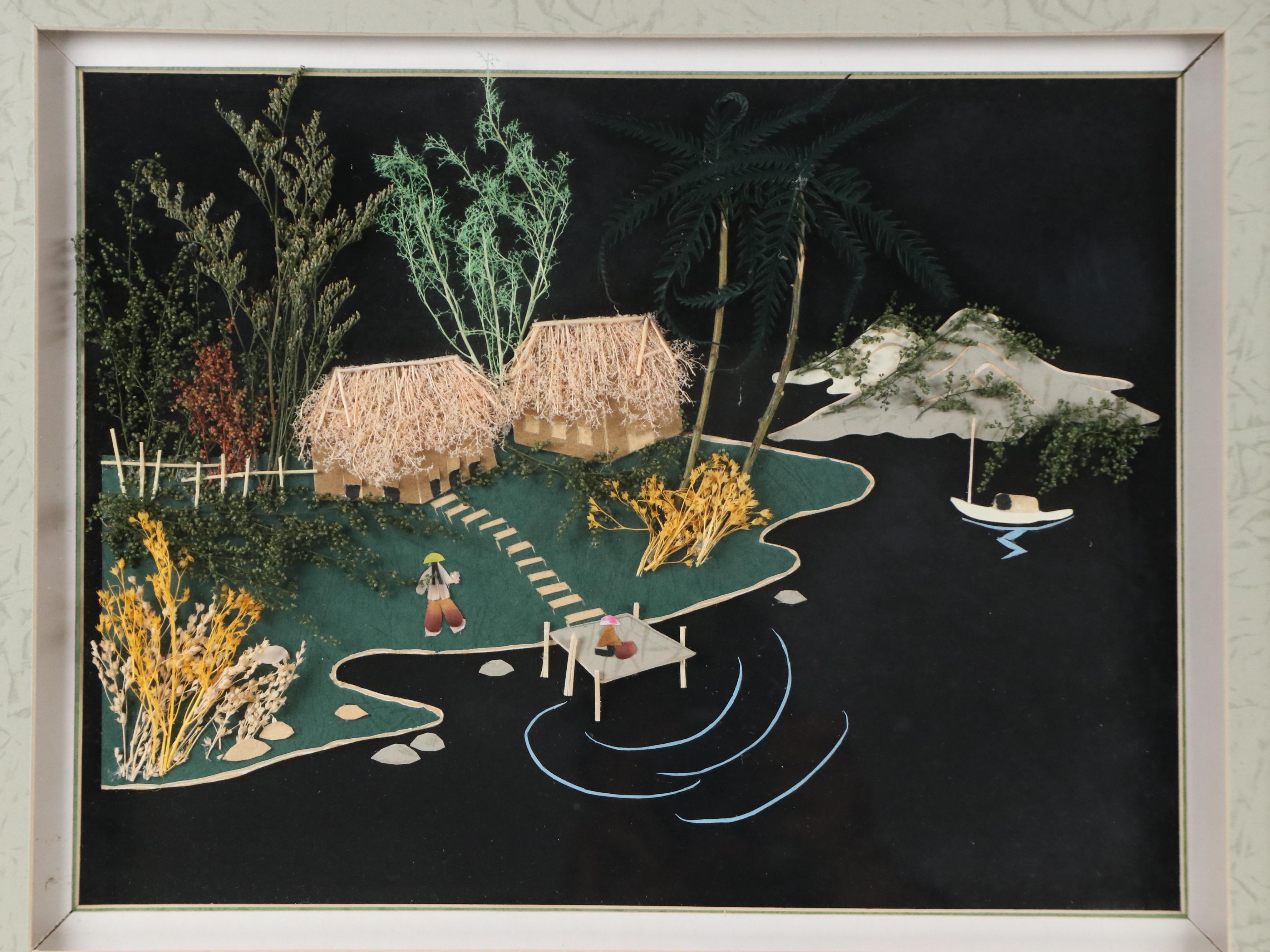 Mixed Media Shadowbox of Southeast Asian Landscape, Late 20th Century