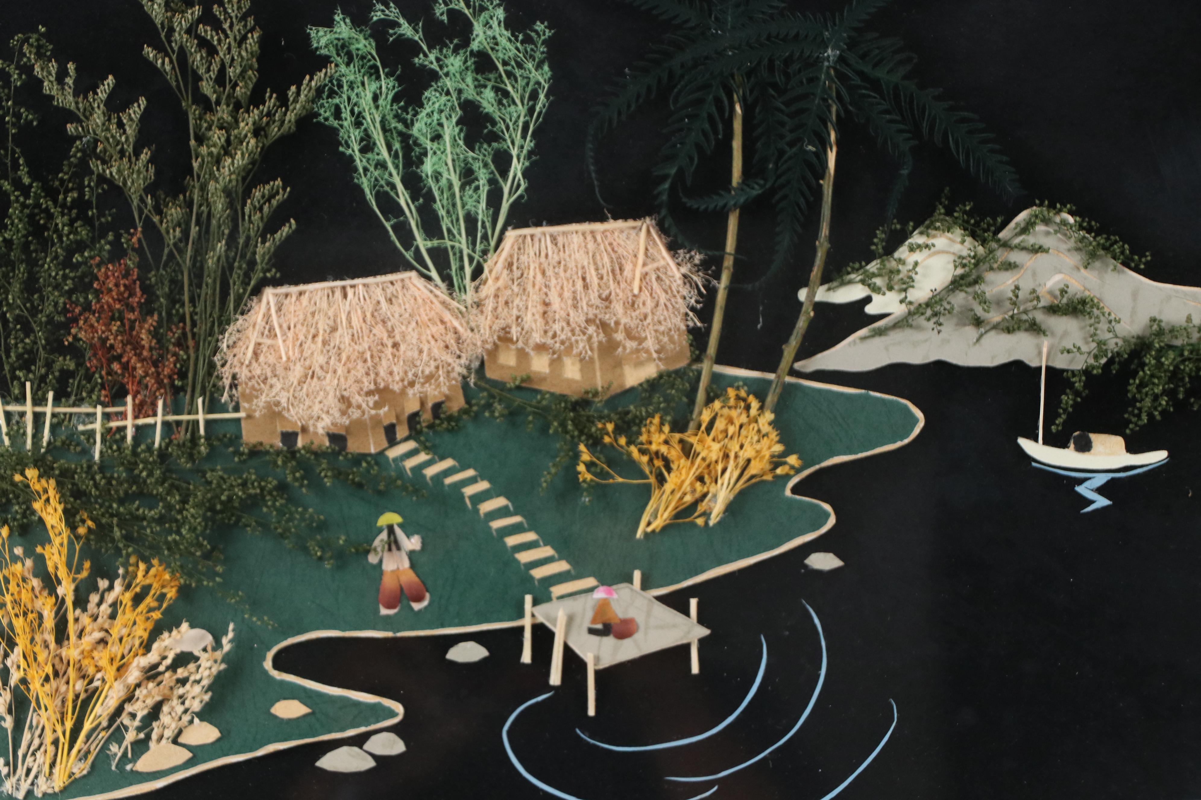 Mixed Media Shadowbox of Southeast Asian Landscape, Late 20th Century