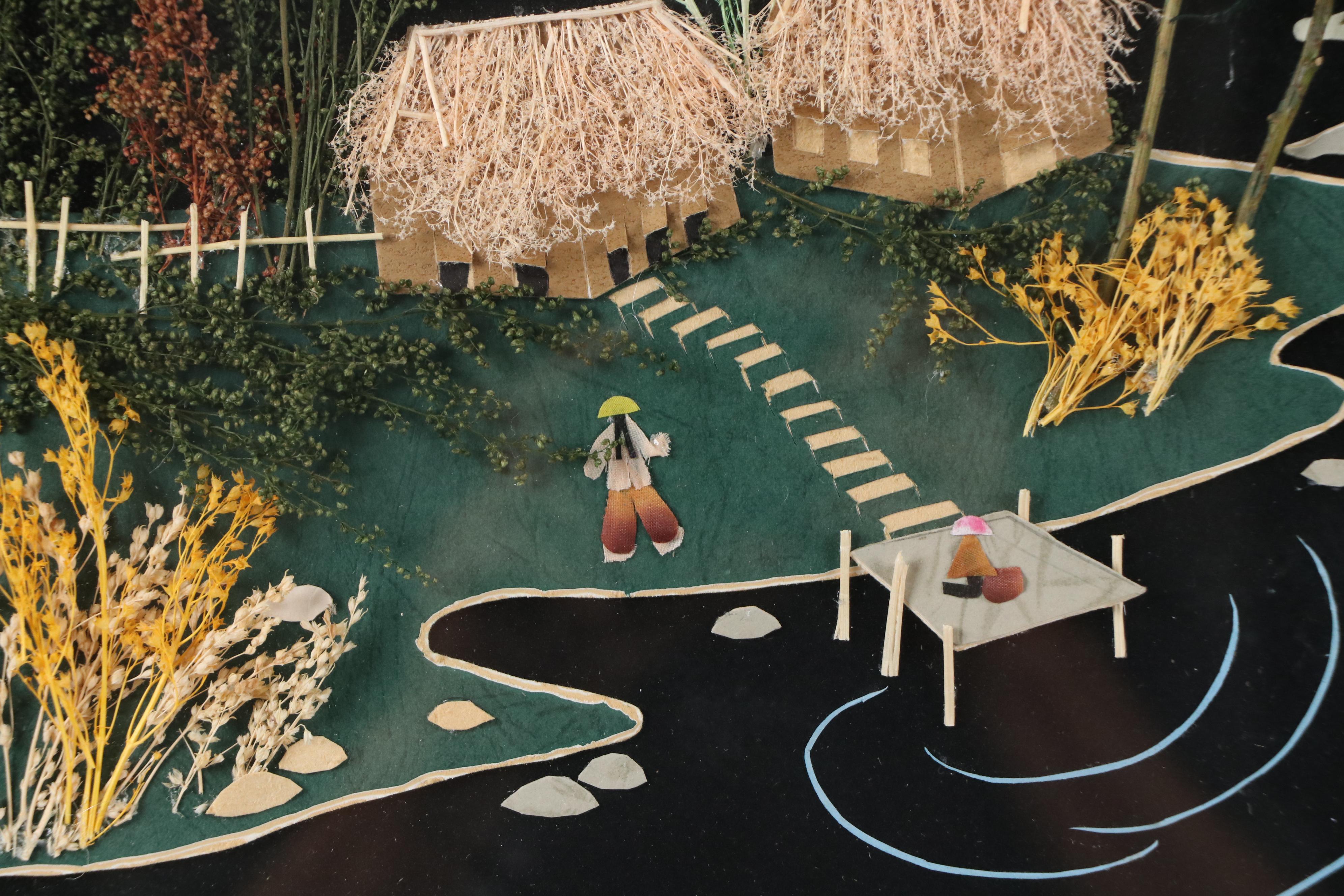 Mixed Media Shadowbox of Southeast Asian Landscape, Late 20th Century