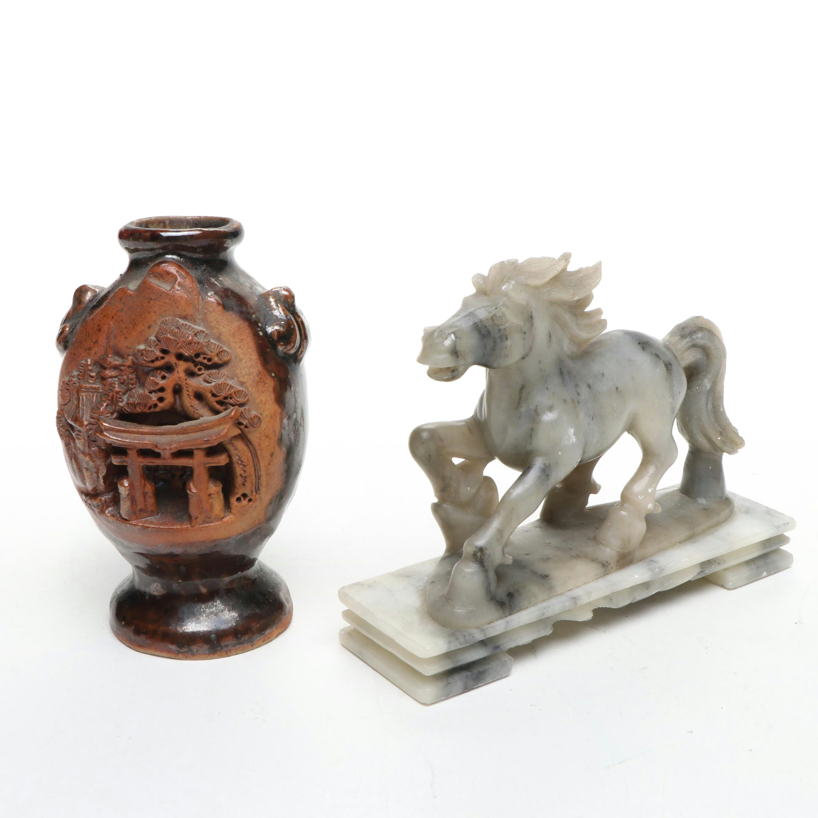 Carved Soapstone Horse with Japanese Banko Ware Carved Ceramic Bud Vase