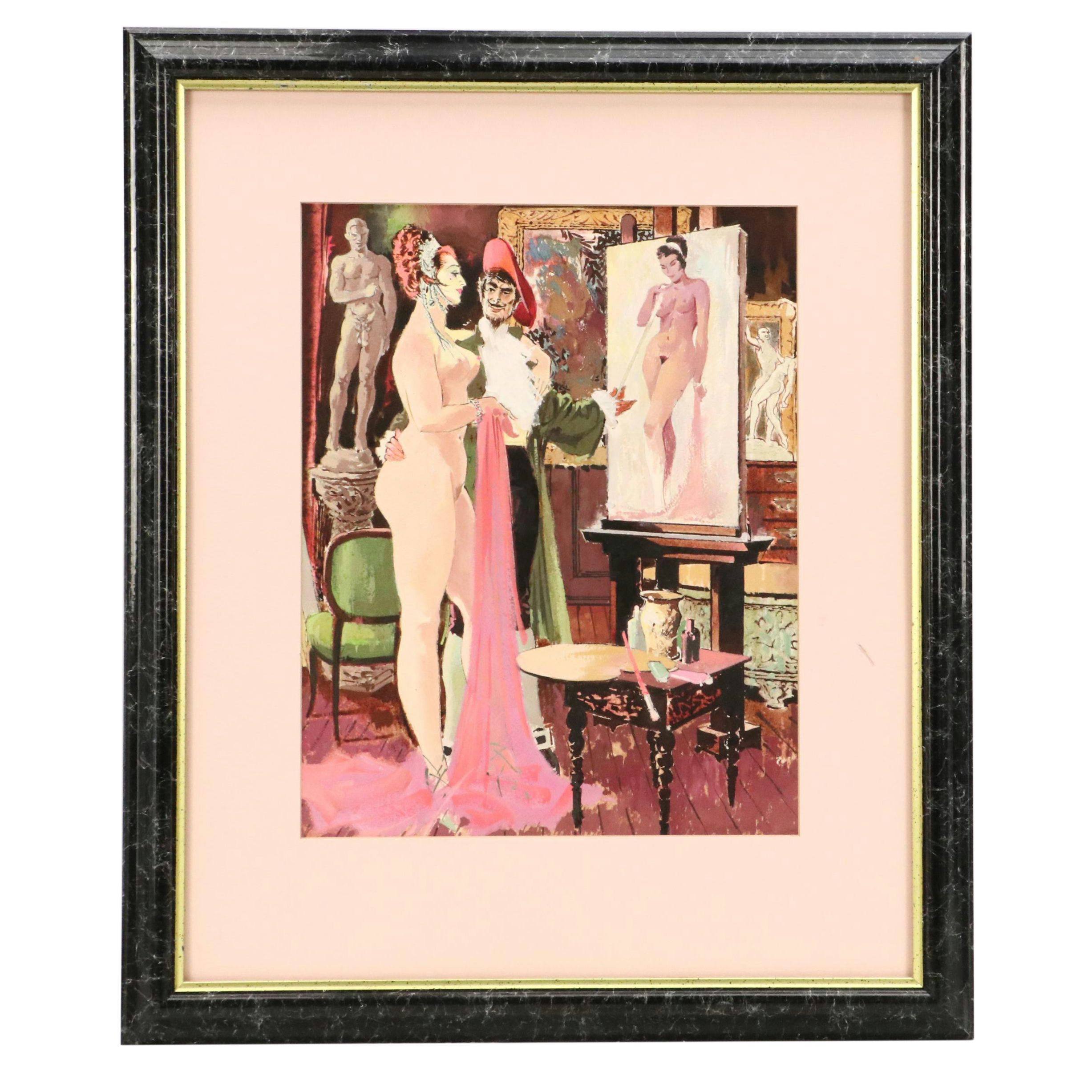 Watercolor Painting of Model Assessing Artist's Work, Late 20th Century
