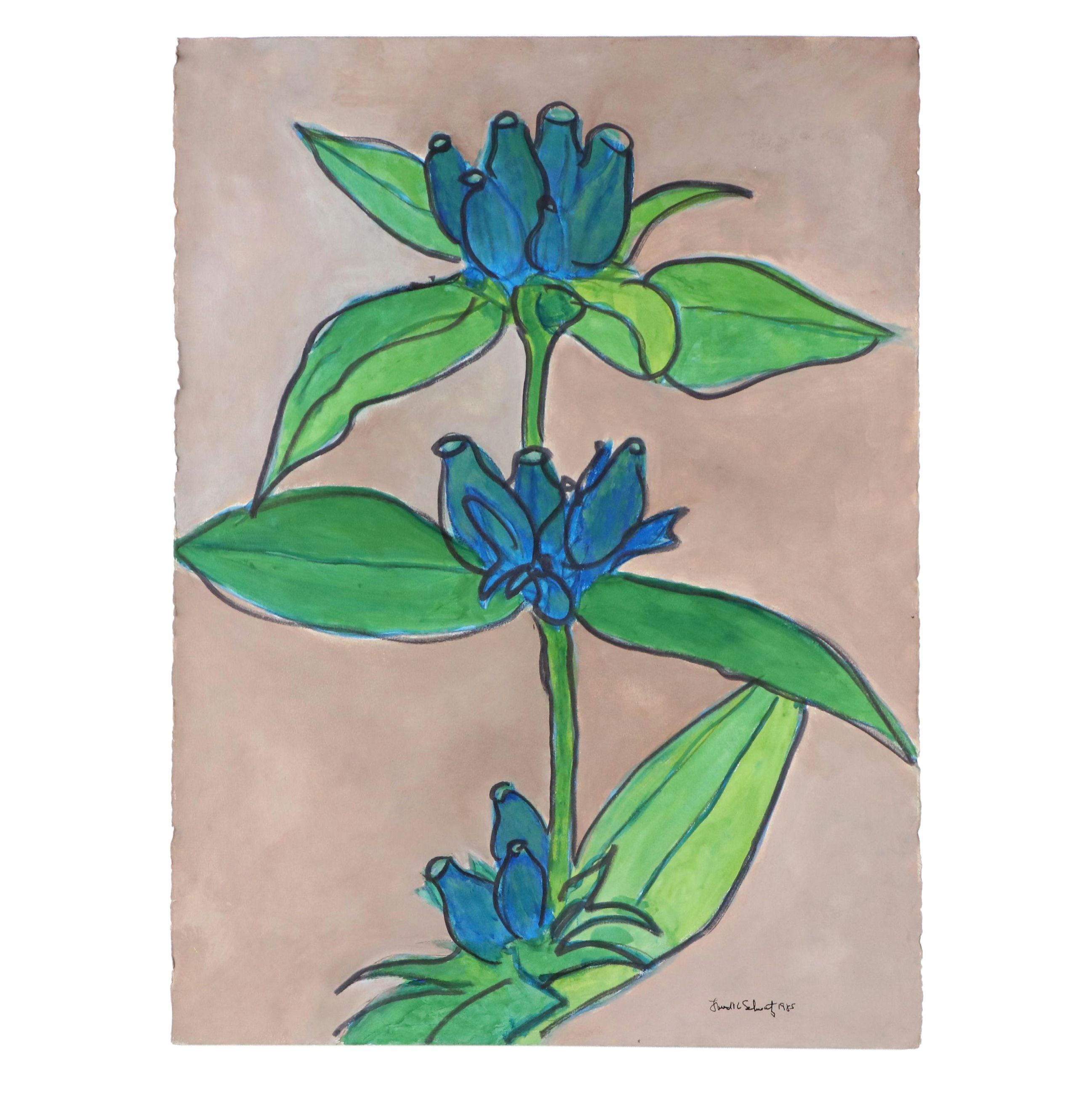 Fred R. Schwartz Floral Acrylic Painting, 1985