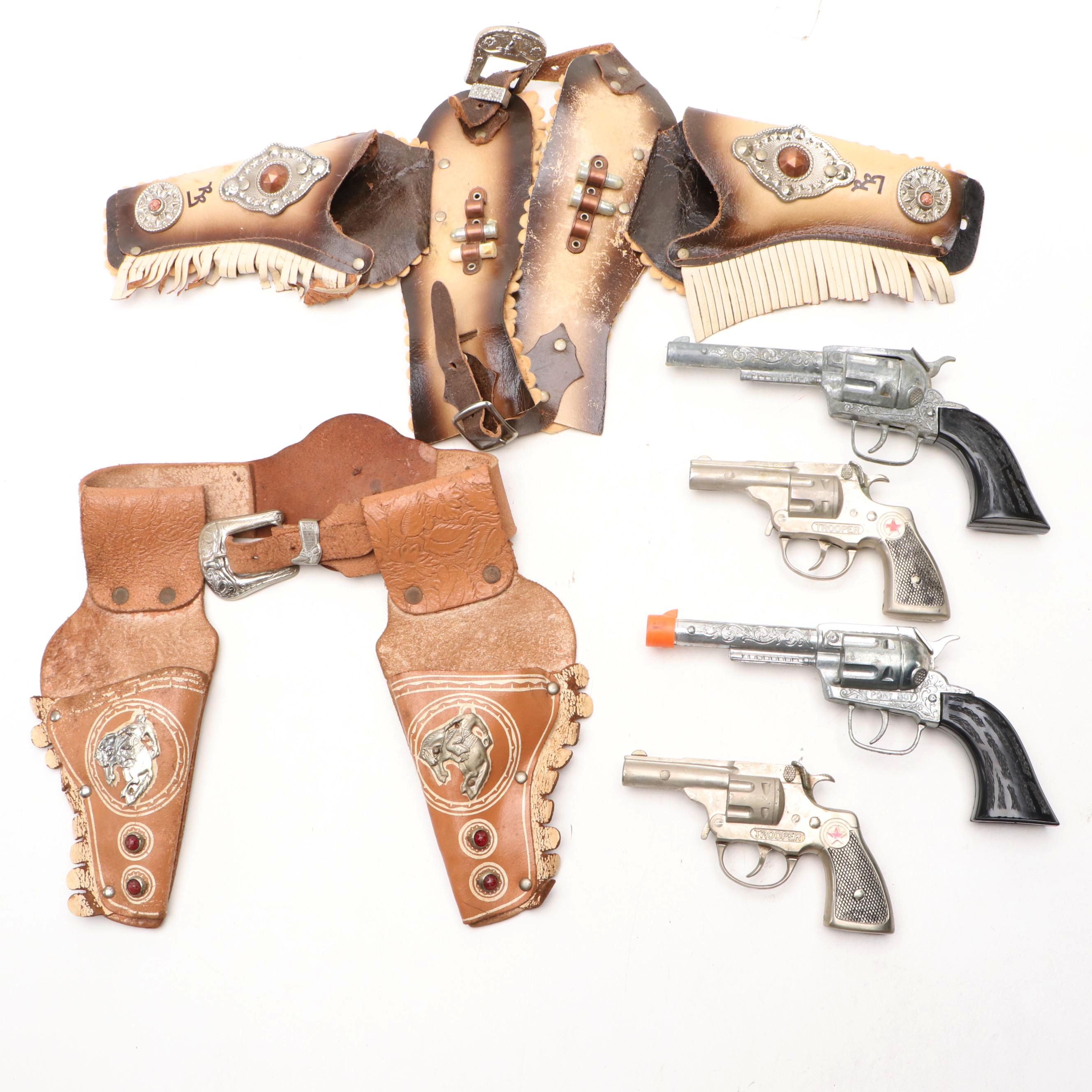 Hubley "Trooper" Dueling Revolver Cap Guns with Holsters, Mid-20th Century