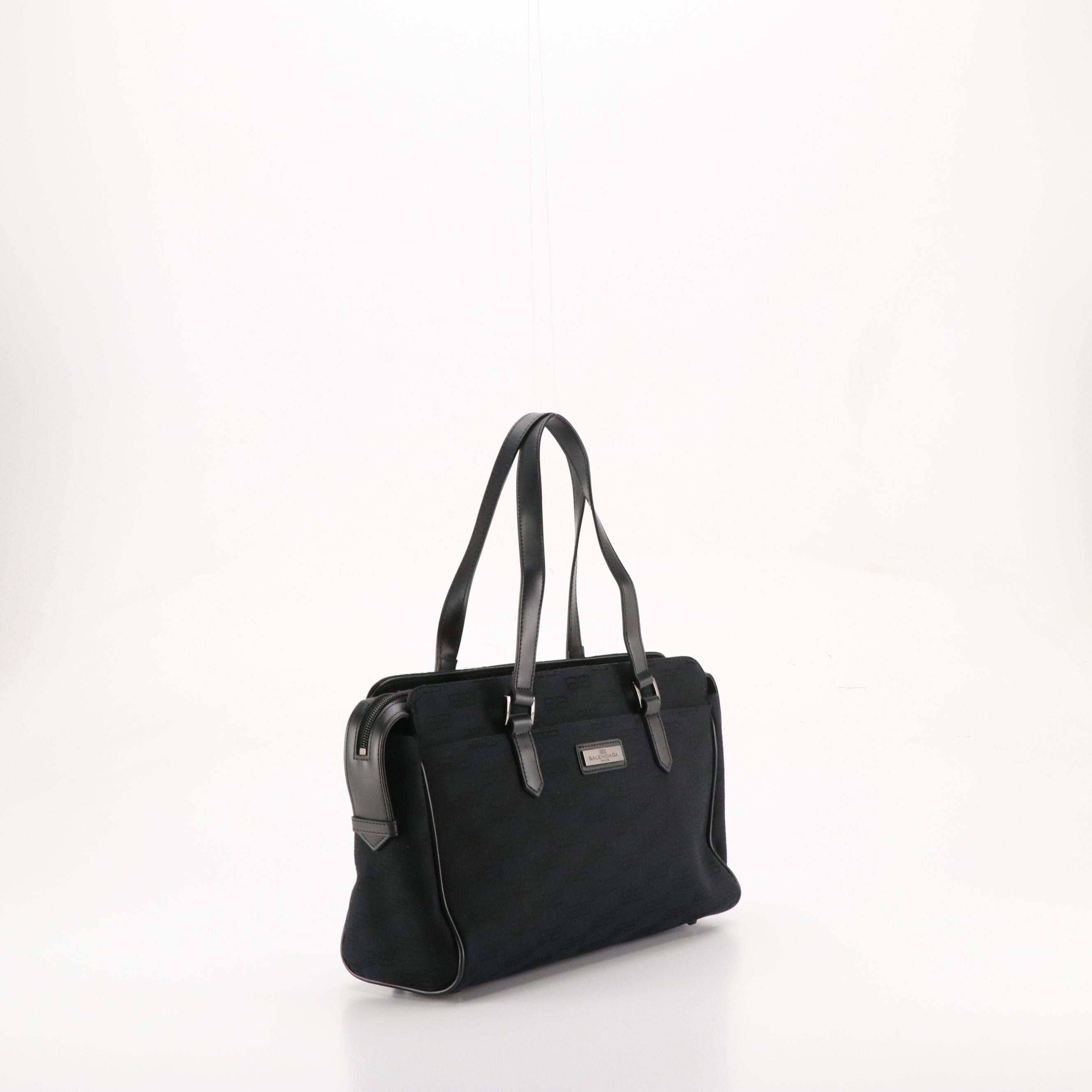 Balenciaga Logo Jacquard Canvas Shoulder Bag with Calfskin Leather Trim