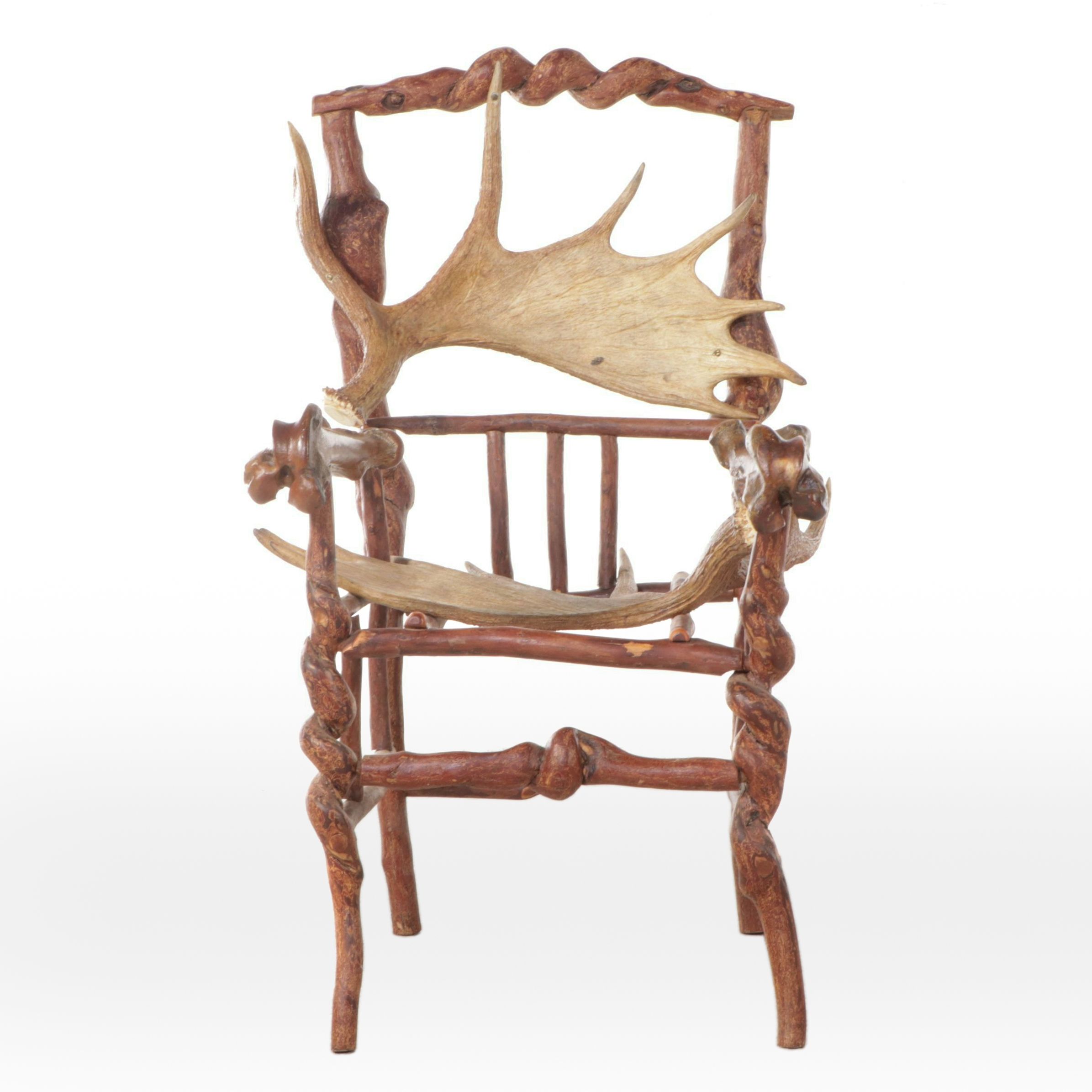 Adirondack Style Handcrafted Root Wood Armchair with Moose Antler Seat & Back