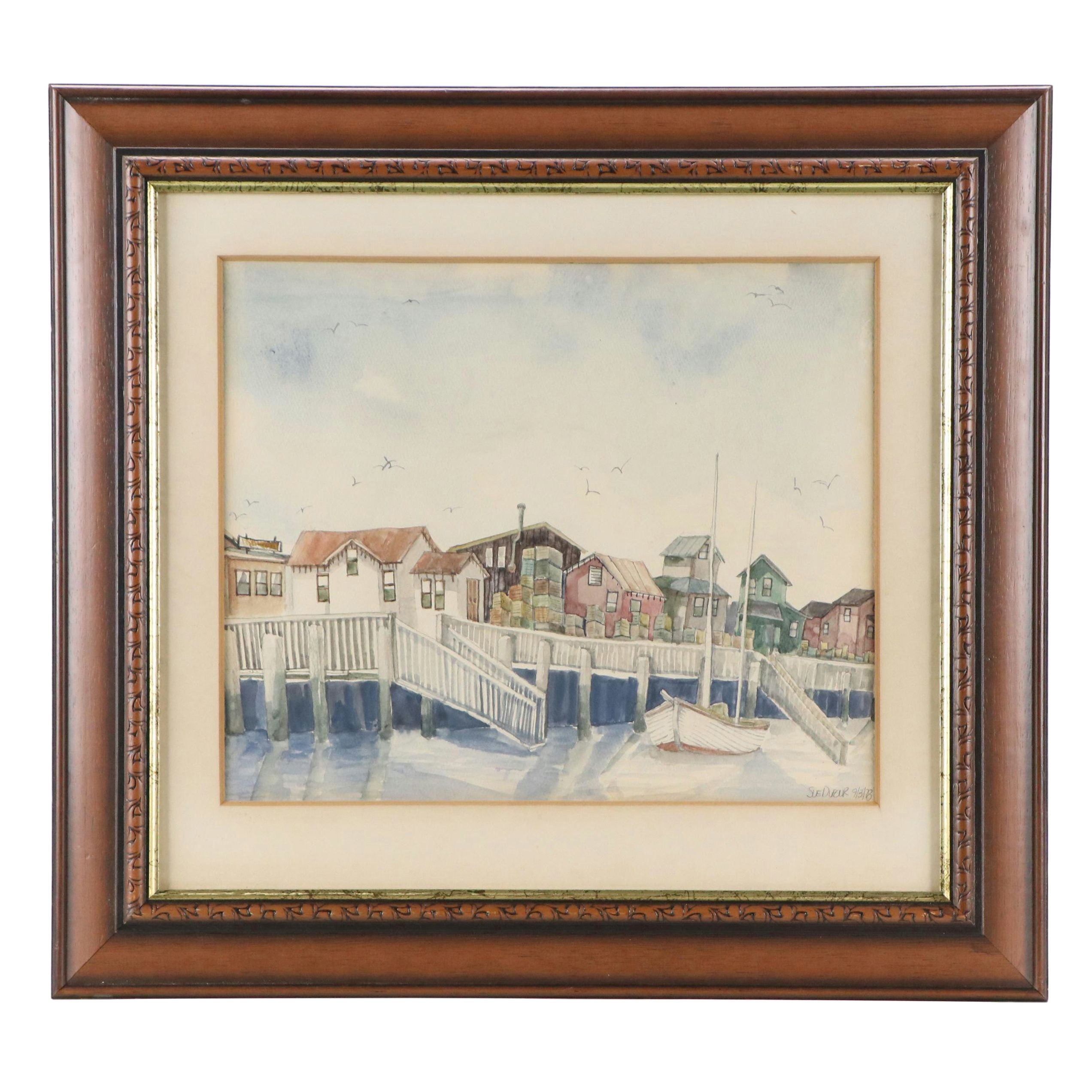 Sue Dufour Watercolor Painting Quaint Harbor Scene, 1978
