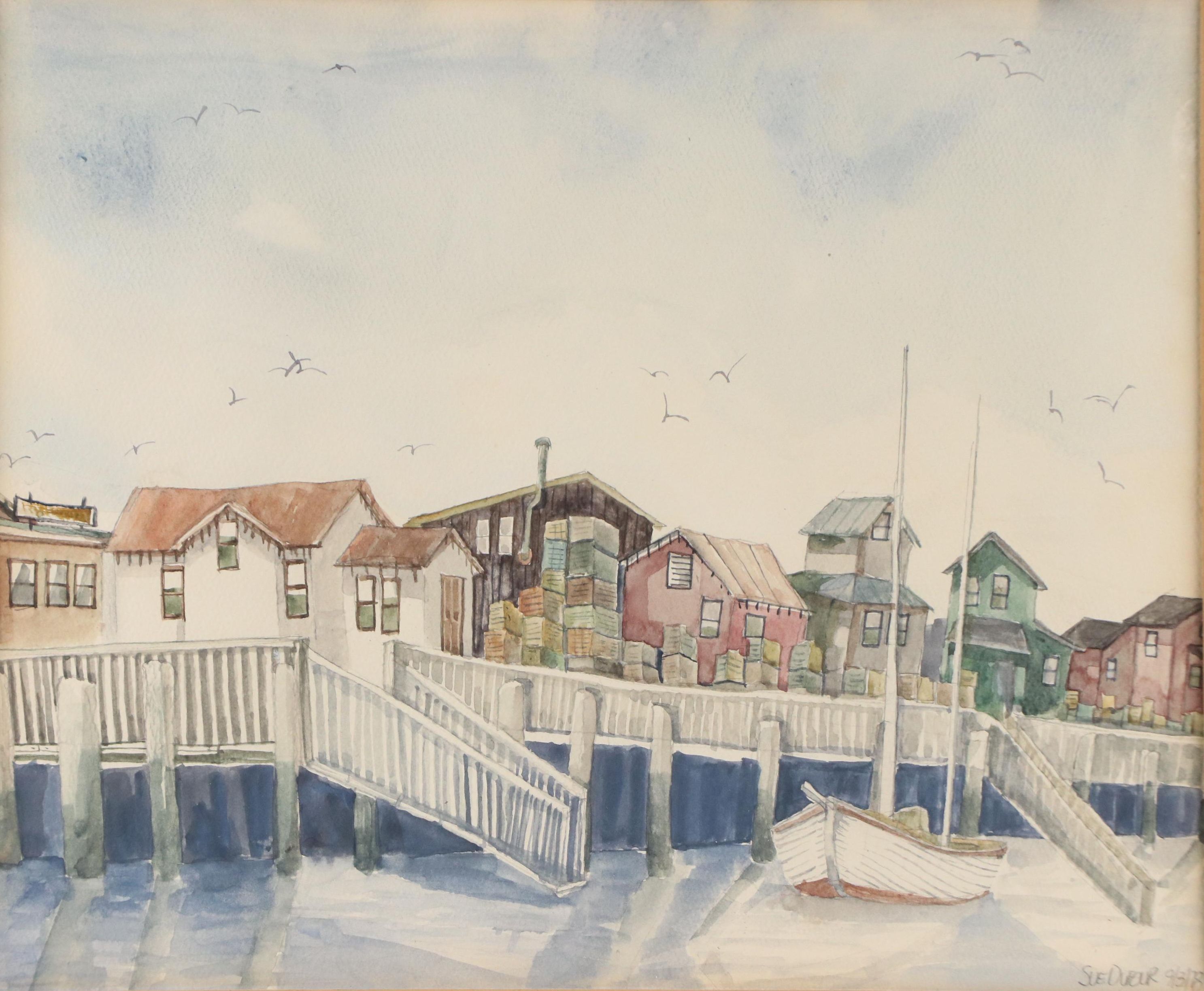 Sue Dufour Watercolor Painting Quaint Harbor Scene, 1978
