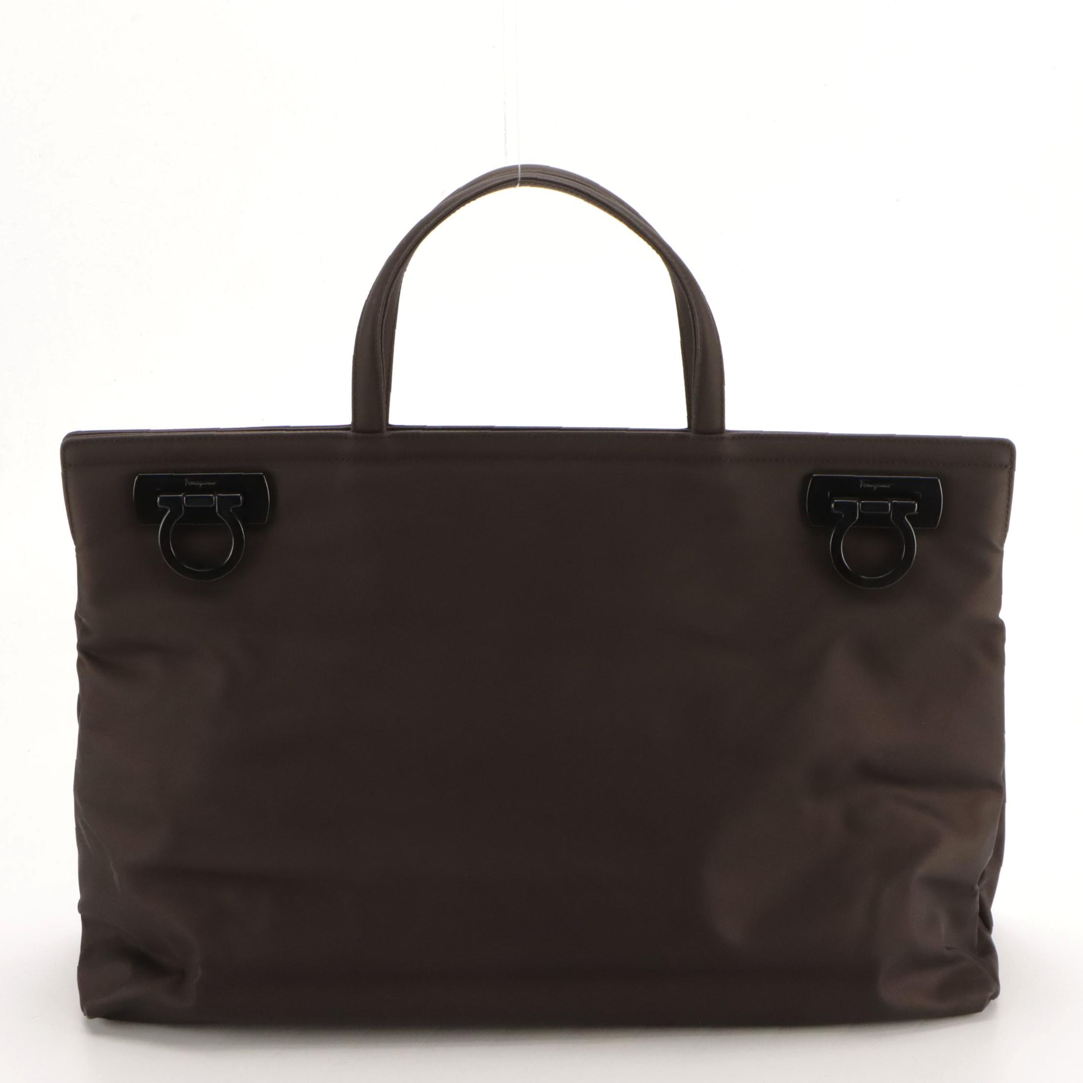 Salvatore Ferragamo Brown Nylon Two-Way Tote with Gancini Hardware