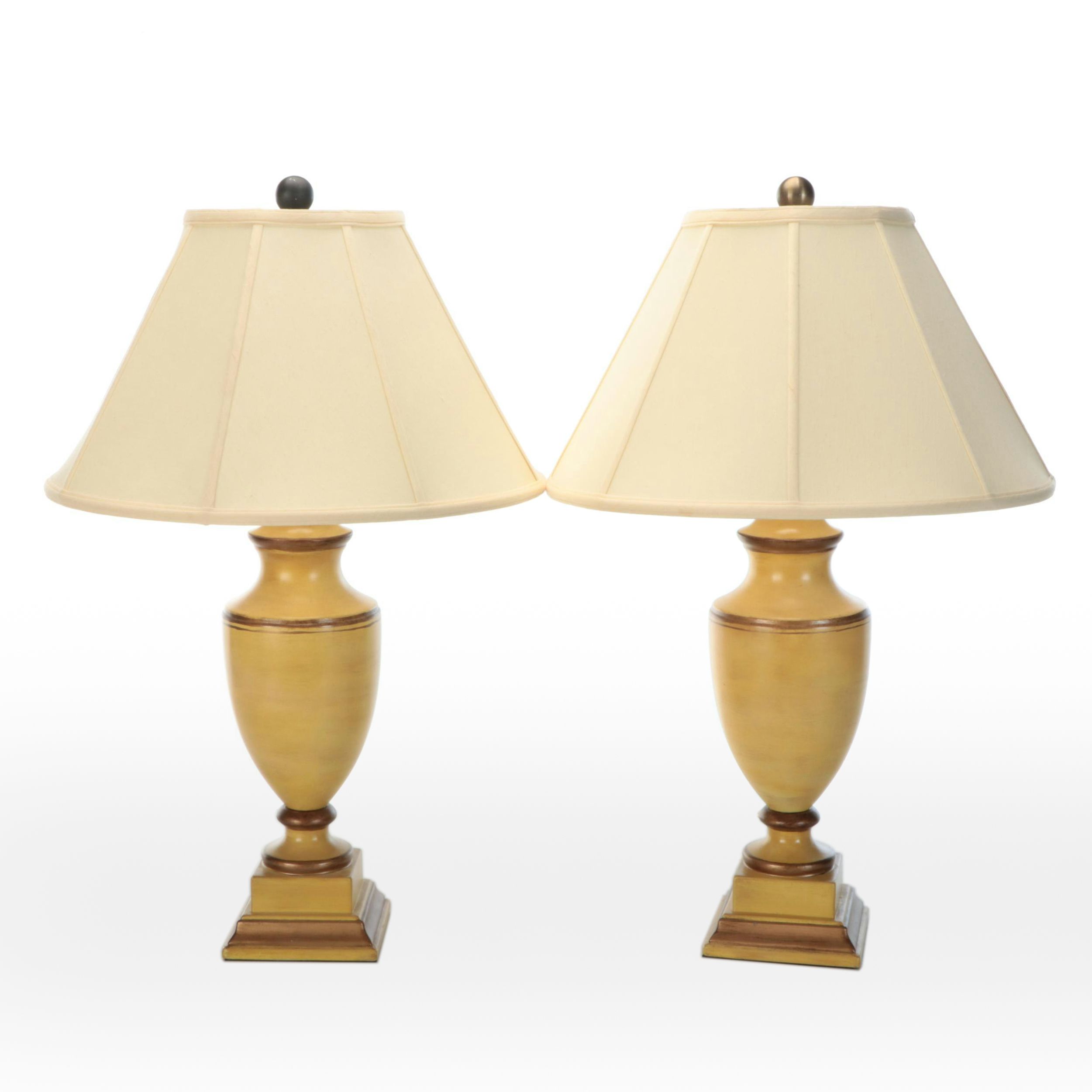 The Bradburn Gallery Ocher and Bronzed Ceramic Urn Table Lamps, Silk Shades