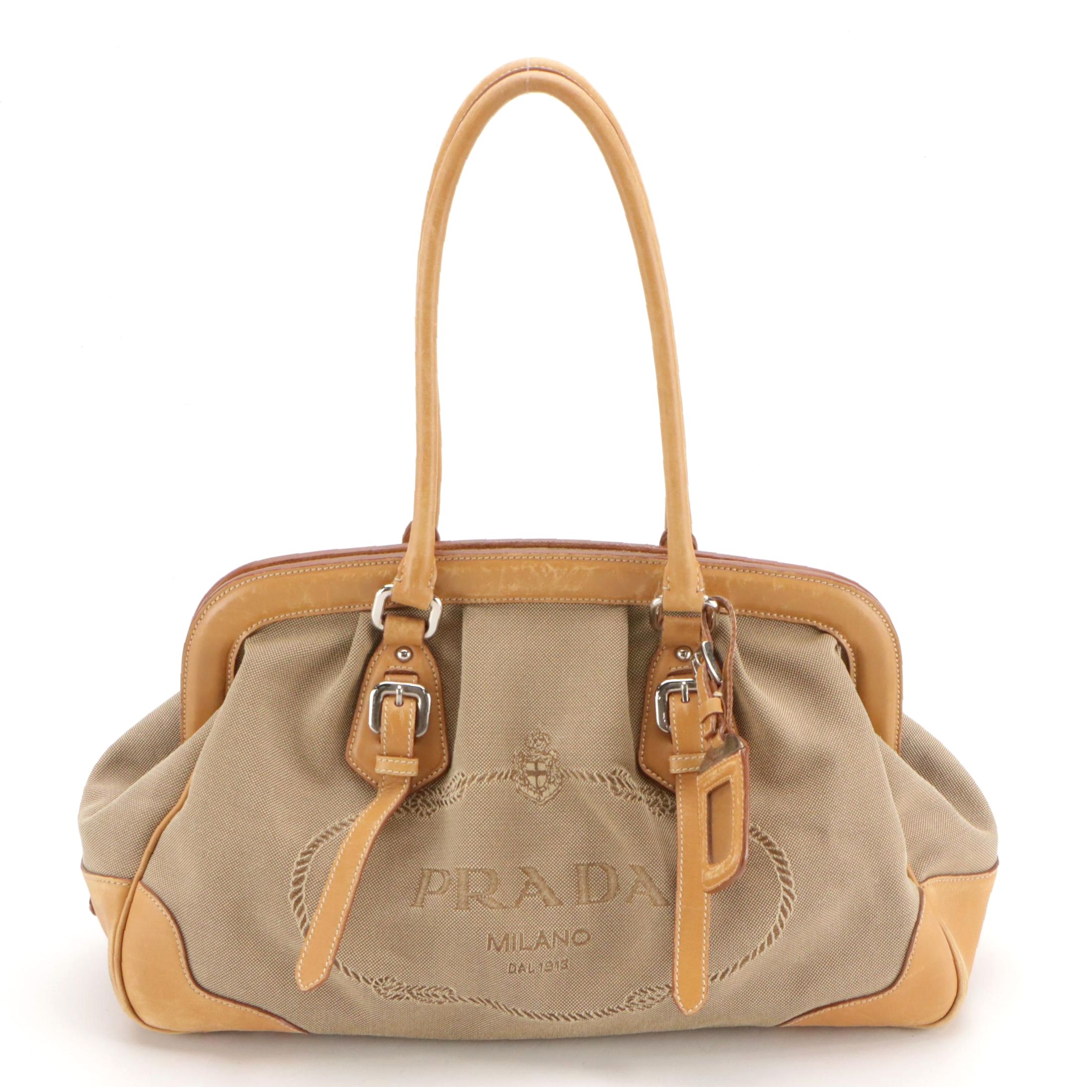 Prada Canapa Logo Canvas and Brown Leather Framed Satchel