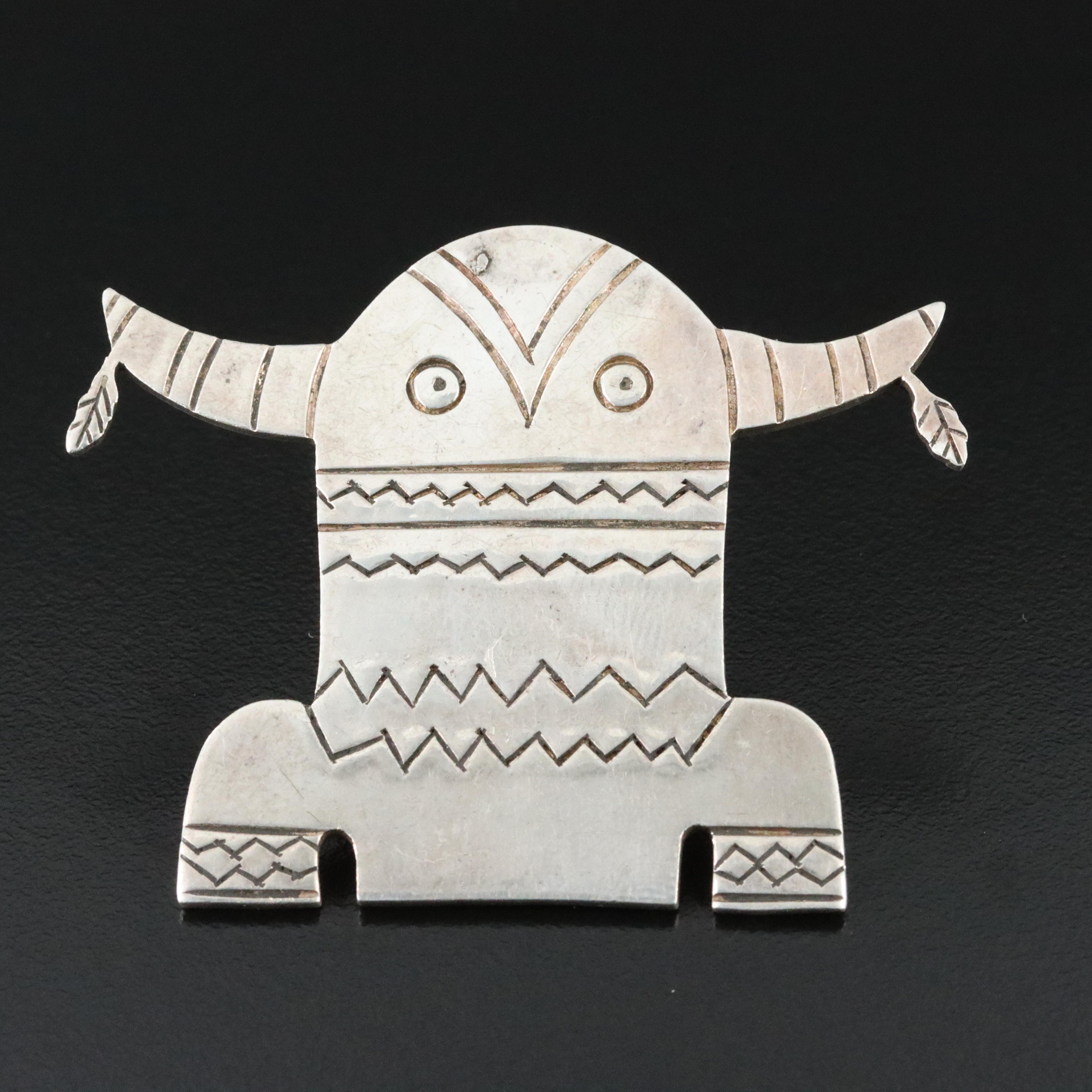 Western Style Sterling Buffalo Kachina Brooch