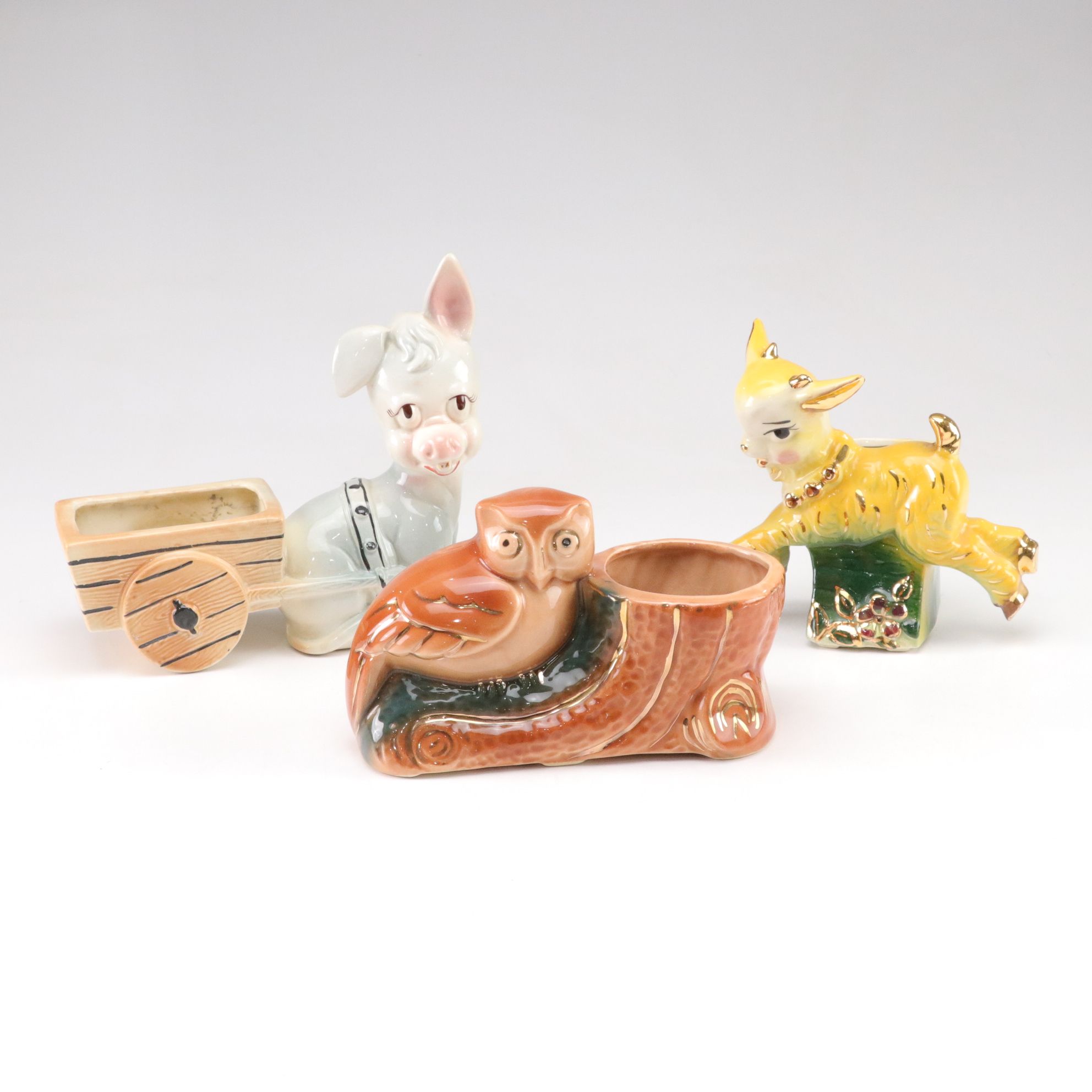 Ceramic Owl, Goat & Donkey with Cart Planters, Mid-20th Century