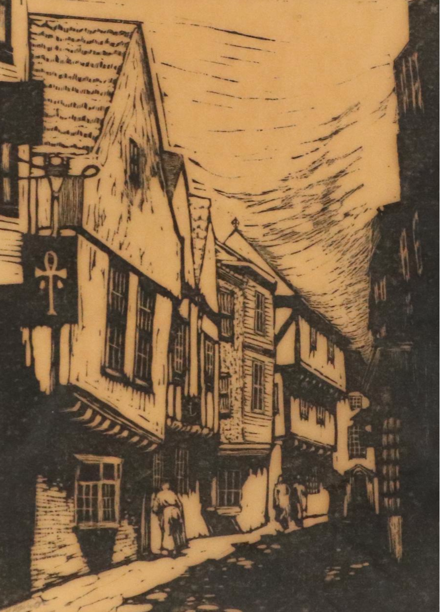 Woodcut Depicting Old World Street Scene, Circa 1974